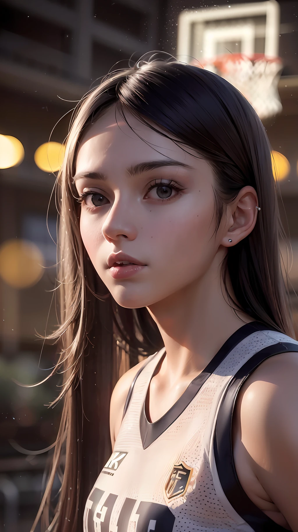 (8k, Best Quality, Masterpiece: 1.2), (Realistic, Realistic: 1.37), Ultra Detailed, Best Quality, Ultra High Resolution, Professional Lighting, Photon Mapping, Radiosity, Physically Based Rendering, Cinematic Lighting, Basketball court, depth of field, clear focus, sunlight, good composition, (bokeh: 1.2) 1girl, solo, (full body), (closed mouth), beautiful and detailed eyes, pose, narrow waist, basketball uniform, black hair , messy hair, long hair blowing in the wind, (ulzzang-6500:1.2) mix4, hiqcgbody