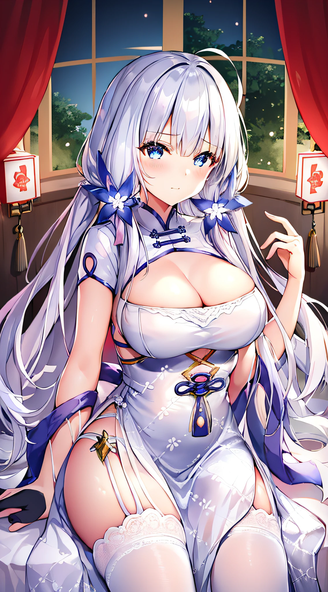 masterpiece, best quality, 1girl, illustrious (maiden lily&#39;s radiance) (azur lane), gray hair, extra-long hair, blue eyes, hair accessories, breasts, cleavage, China dress, Chinese clothes, official alternate costume, white thighhighs, garters, short sleeves, Simple background,