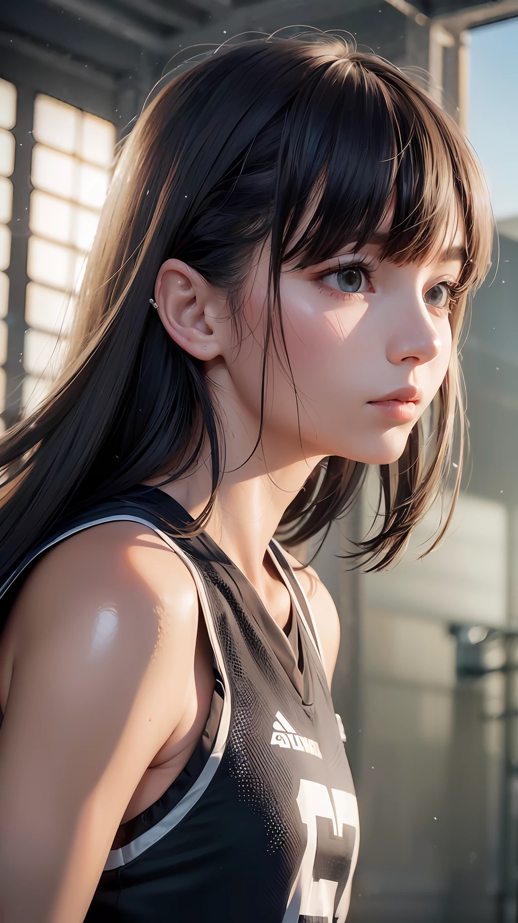 (8k, Best Quality, Masterpiece: 1.2), (Realistic, Realistic: 1.37), Ultra Detailed, Best Quality, Ultra High Resolution, Professional Lighting, Photon Mapping, Radiosity, Physically Based Rendering, Cinematic Lighting, Basketball court, depth of field, clear focus, sunlight, good composition, (bokeh: 1.2) 1girl, solo, (full body), (closed mouth), beautiful and detailed eyes, pose, narrow waist, basketball uniform, black hair , messy hair, long hair blowing in the wind, (ulzzang-6500:1.2) mix4, hiqcgbody