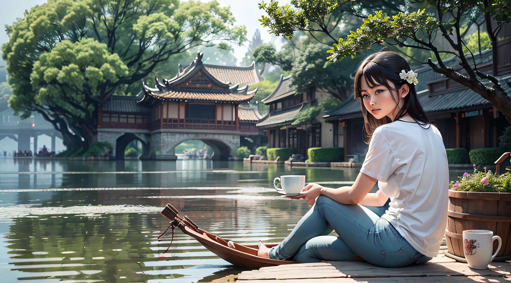 (Masterpiece: 1.5, Best Quality, High Resolution: 1.3, Super Resolution, Super Detail, Super Detail: 1.3, Rich Background: 1.2) Dragon Boat Festival, Coffee, Ice, Rainy Day, Suzhou Canal, Hangzhou West Lake, Lakeside Villa, (close-up) A woman, wearing a white T-shirt, jeans, back, sitting, best pixels, movie extremely different light, --auto --s2