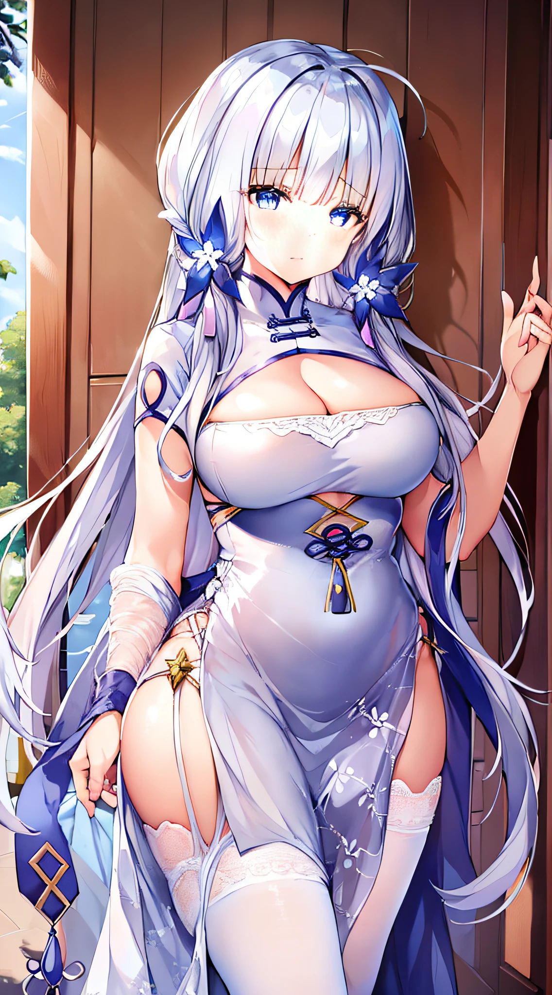 masterpiece, best quality, 1girl, illustrious (maiden lily&#39;s radiance) (azur lane), gray hair, extra-long hair, blue eyes, hair accessories, breasts, cleavage, China dress, Chinese clothes, official alternate costume, white thighhighs, garters, short sleeves, Simple background,