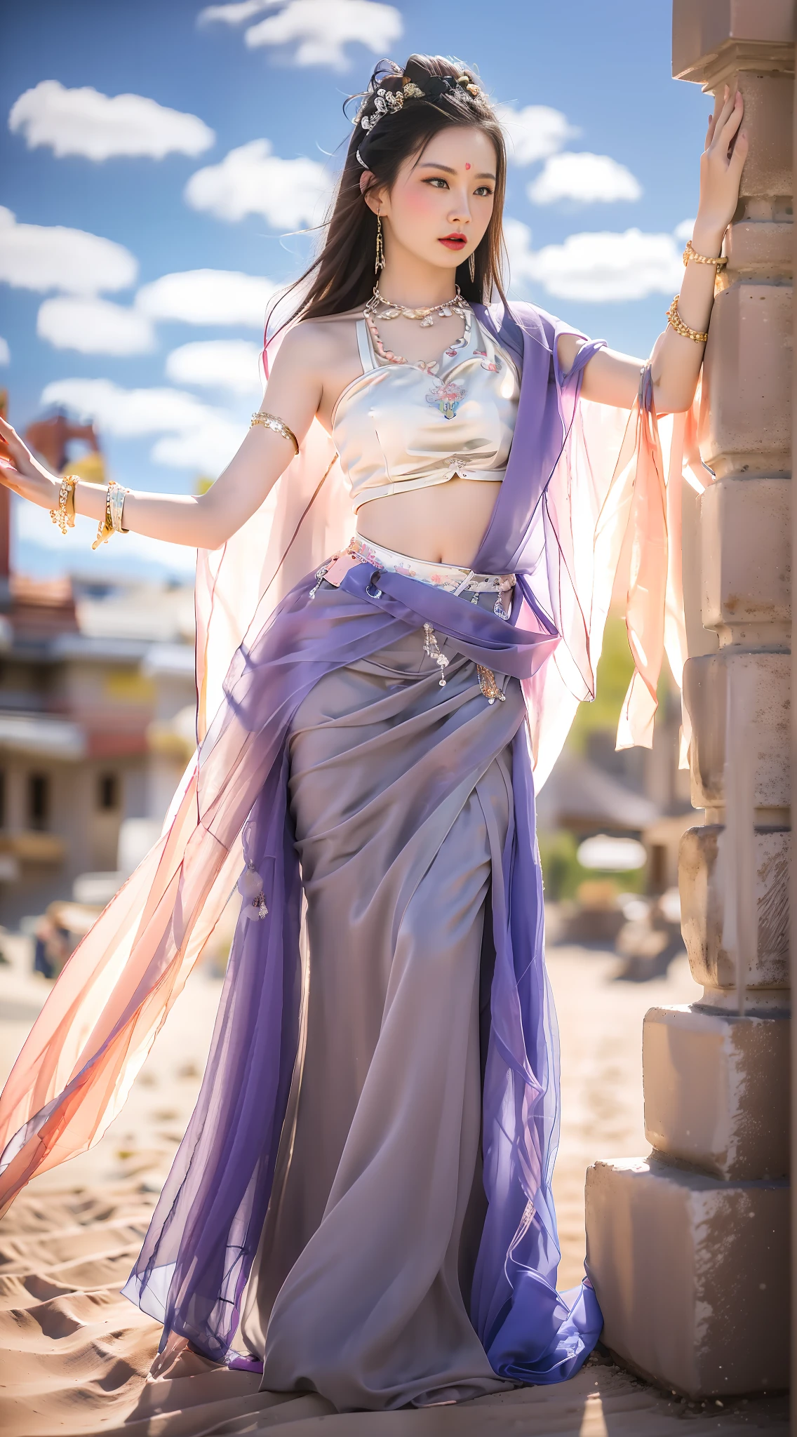 Light pink and light sky blue style, (masterpiece), (best image quality: 1.5), super high resolution, original photos, detailed skins, beautiful lighting, (realistic, realistic: 1.4), 1girl, Dunhuang, full body, blue sky, white clouds, (dunhuang_cloths:0.6)
