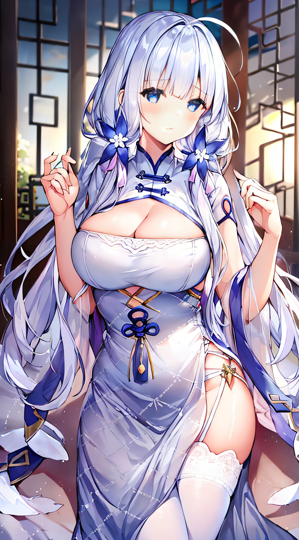 masterpiece, best quality, 1girl, illustrious (maiden lily&#39;s radiance) (azur lane), gray hair, extra-long hair, blue eyes, hair accessories, breasts, cleavage, China dress, Chinese clothes, official alternate costume, white thighhighs, garters, short sleeves, Simple background,