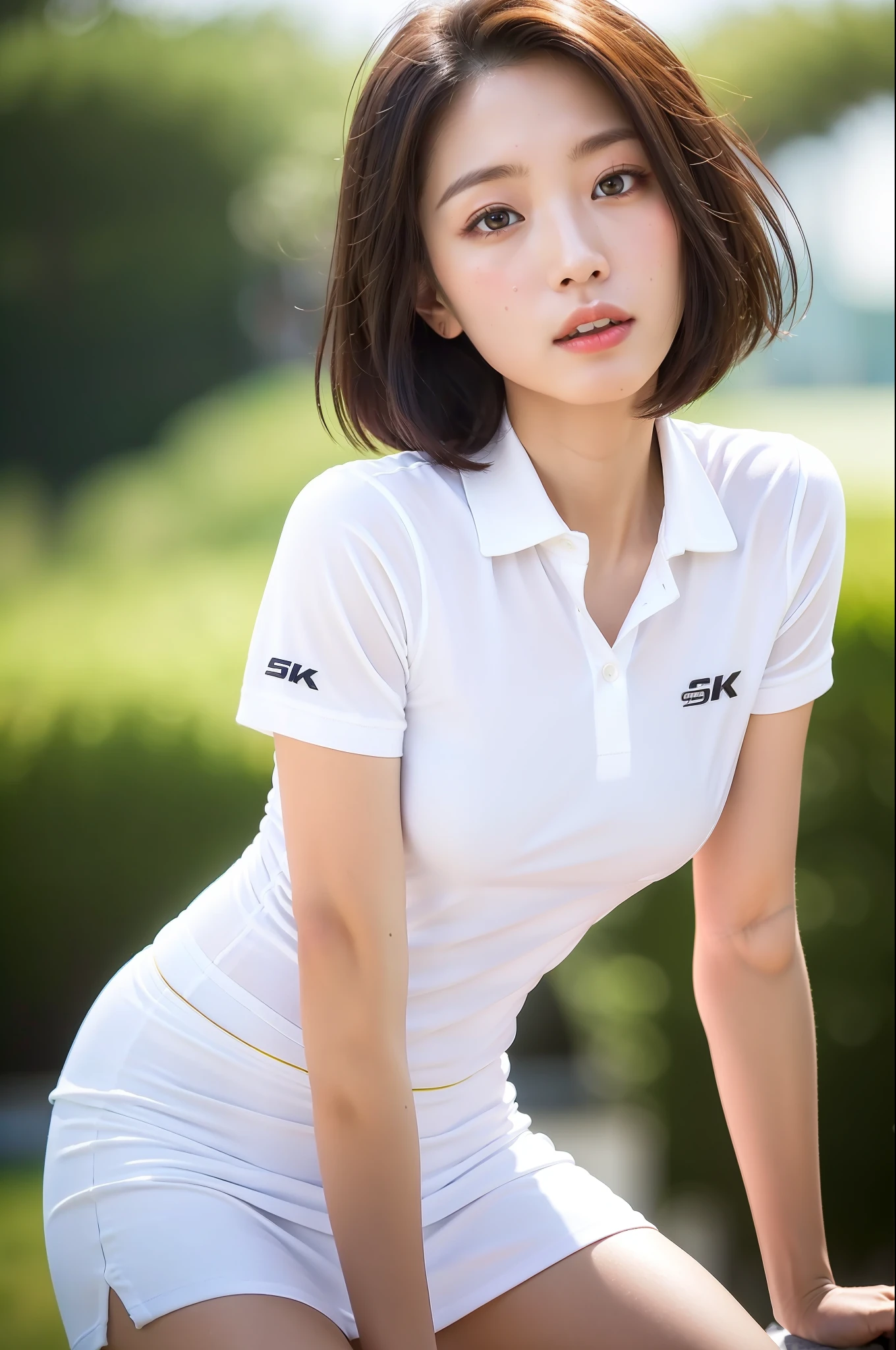 (8K, 4K, Best Quality, Highres, Ultra High Res:1.1), (Masterpiece, Realistic, Photo-Realistic:1.1), 1Girl, Single, White Polo Shirt, White Sneakers, Tennis Wear, White Short Skirt, Masterpiece, Best Quality, Realistic, Highly Detailed, (Glossy Skin, Sweating: 1.4), Nonsense, Look at Viewers, Short Black Hair, Brown Eyes, Slender, Dynamic Light, High Resolution, Sharp Focus, Depth of Field, Detail Eyes, Sharp Pupils, Realistic Pupils, Outdoor, Sky
,