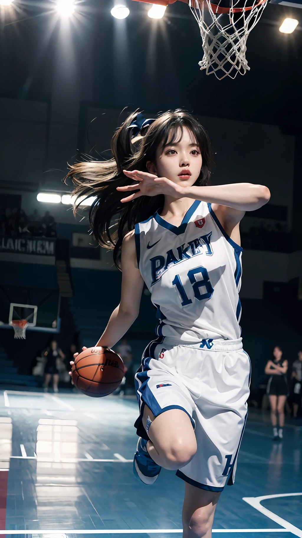 (8k, Best Quality, Masterpiece: 1.2), (Realistic, Realistic: 1.37), Ultra Detailed, Best Quality, Ultra High Resolution, Professional Lighting, Photon Mapping, Radiosity, Physically Based Rendering, Cinematic Lighting, Basketball court, depth of field, clear focus, sunlight, good composition, (bokeh: 1.2) 1girl, solo, (full body), (closed mouth), beautiful and detailed eyes, pose, narrow waist, basketball uniform, black hair , messy hair, long hair blowing in the wind, (ulzzang-6500:1.2) mix4, hiqcgbody