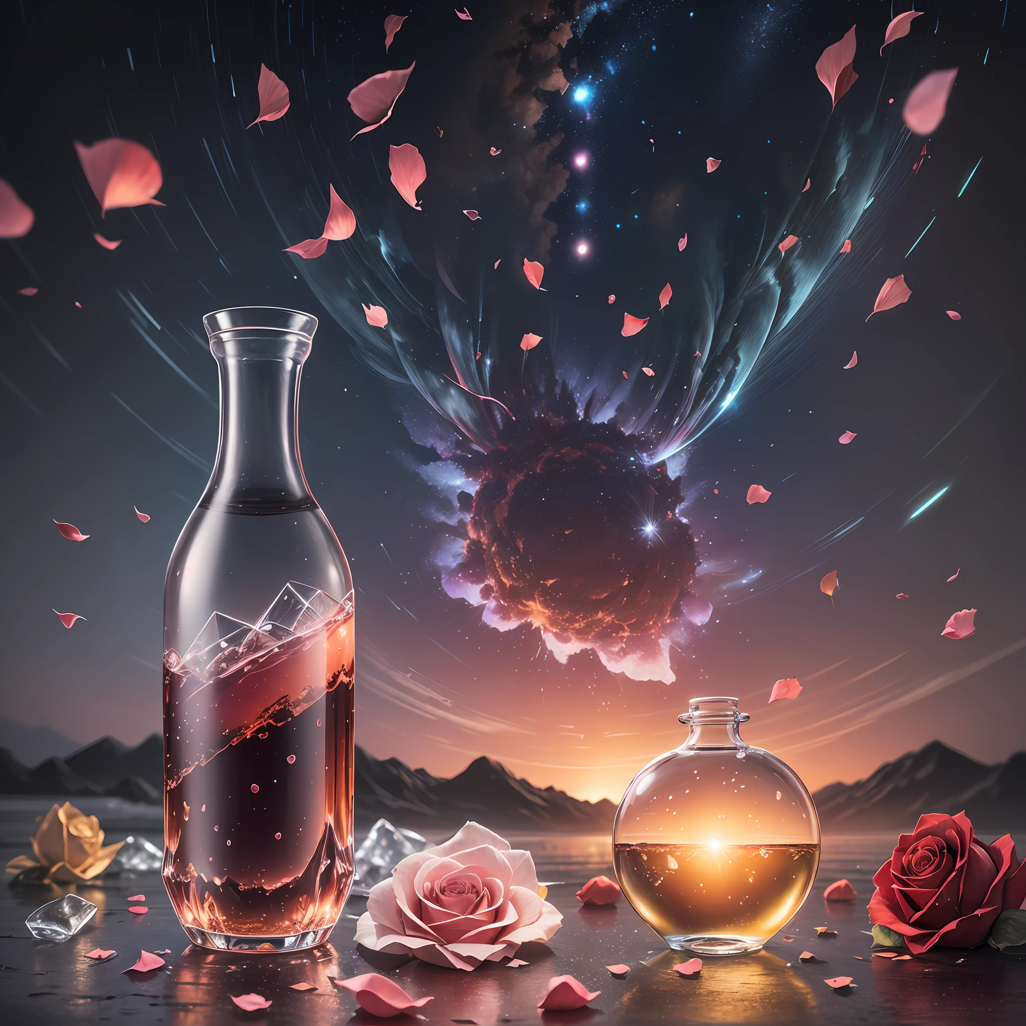 Computer, realistic fantasy, Extensive landscape ultrasound photography (general view, which shows a glass glass bottle, glass, ice, solar explosion with rose petals), cork lying around, dawn dissolves in the bottle, meteor shower, blurred background, gloomy, magic --auto --s2