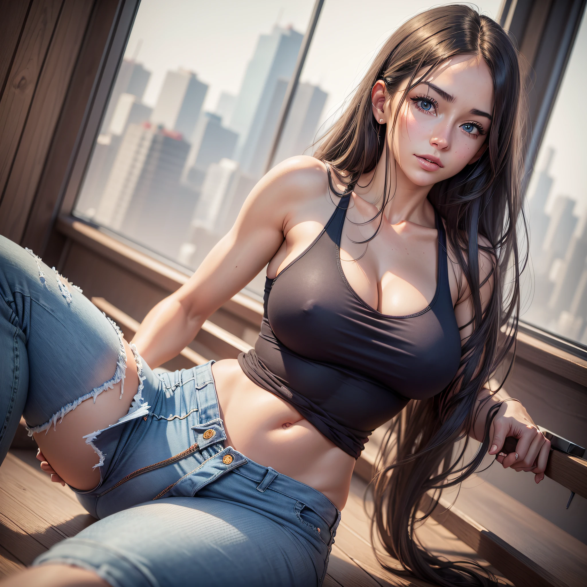 (Realistic, high resolution:1.3), 1 girl with perfect figure, super fine face and eyes, long hair, tank top: 1.2 in random colors, short jeans, in yoga studio, tummy, big breasts, exposed cleavage --auto --s2