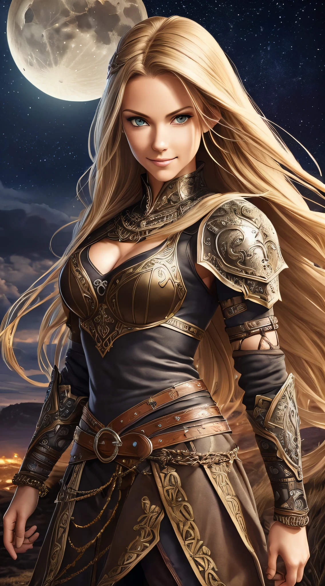 ((realistic:1.5)),((best quality)), ((masterpiece)),((detailed)), (1girl), a beautiful 27 year old female (half body:1.5), face focus, toned muscles, long legs, slim thighs, narrow hips, green eyes, tiny breasts, (detailed face, sultry smile, beautiful eyes, detailed clothes, clear background:1.5), (Normal skin, long hair, outlined eyes, outlined face, bracelet, half body), wearing elaborate viking armor, boots, belt, posing, detailed night countryside background, stars, moon, soft lighting, best shadow, soft details, perfect composition, Intricate, Sharp focus, dramatic