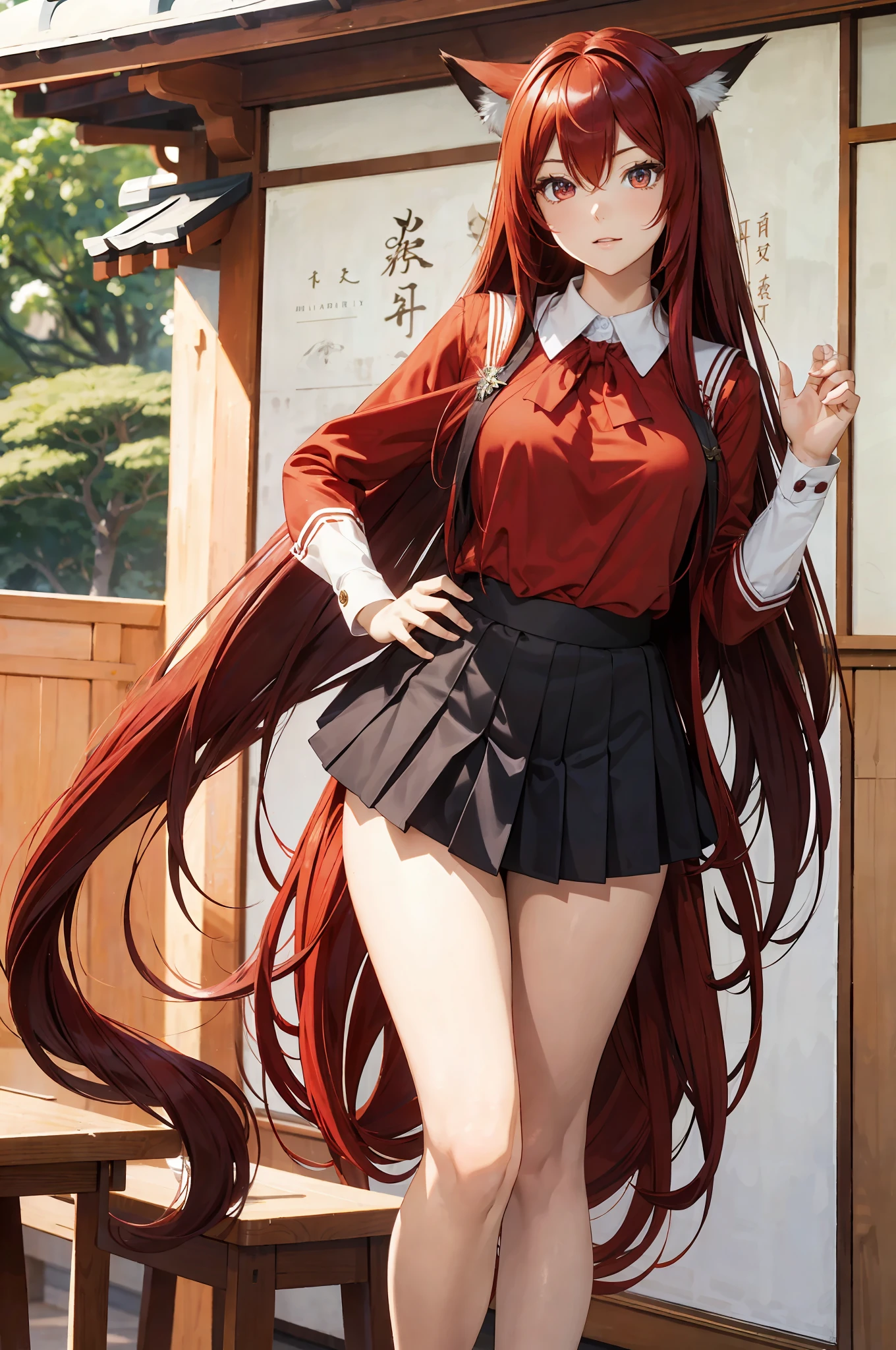 Masterpiece, rias gremory, best quality, 1girl, long hair, (((sexy))), (((realistic))), (((Curvilinear))), eyes bells, crimson red hair, straight hair, wavy hair, beautiful eyes, beautiful detailed shine, very bright, (((foxy girl))),(((Japanese school clothes)))), (skirt), (((uniform blouse))