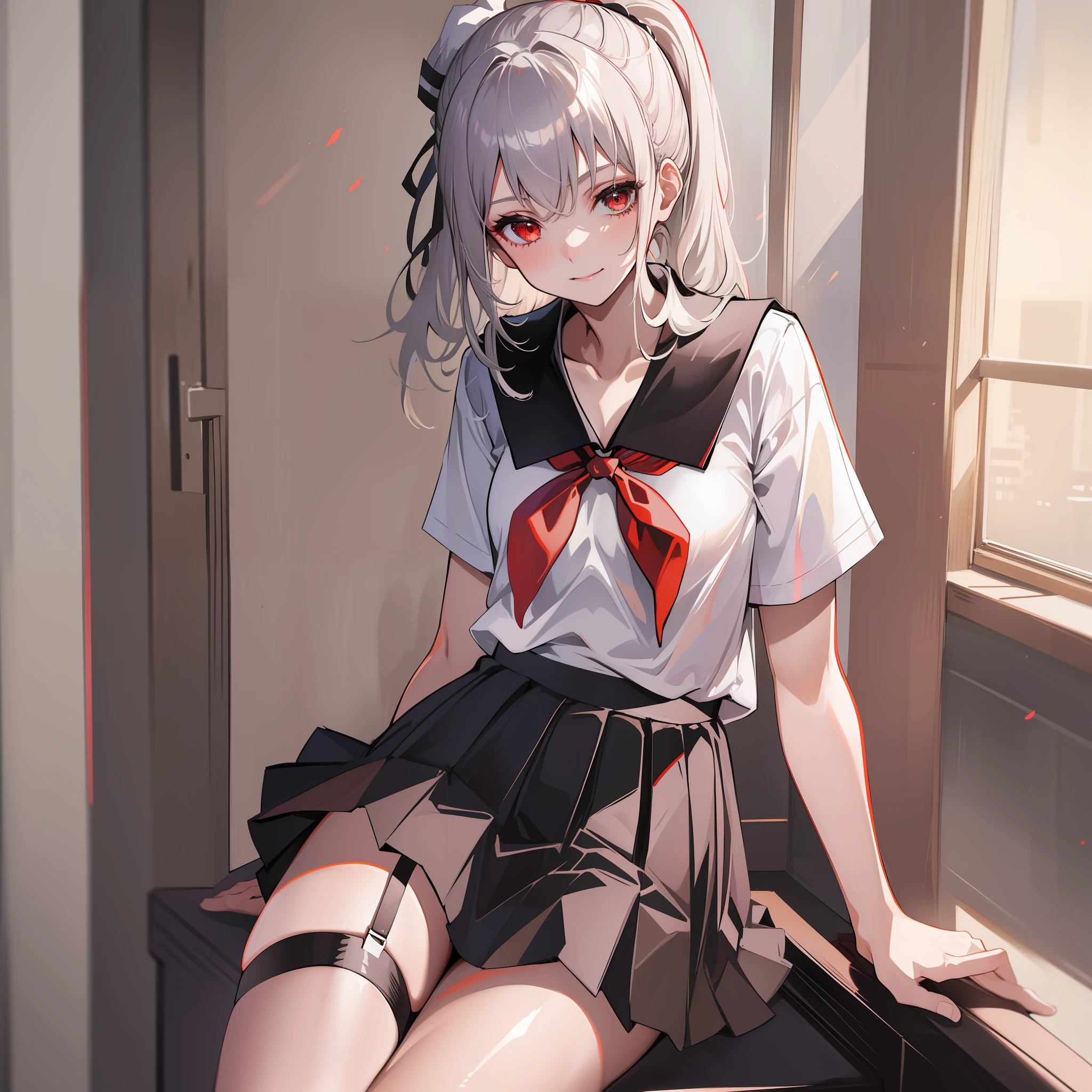 (name), ((highest quality)), (super detail), 1 girl, silver hair, ponytail, school, classroom, open legs, skirt between the crotches, red panties, brown eyes, 15 years old, garter belt, school uniform, skirt, socks, seraphku, neckerchief, sailor collar, pleated skirt, white socks, black skirt, short sleeves, shirt, white shirt, Black sailor color, blue neckerchief, evil smile, bangs, small breasts, cleavage, perfect hands, hand detail, fixed fingers, looking_al_Viewer, top quality, rich detail, perfect image quality,