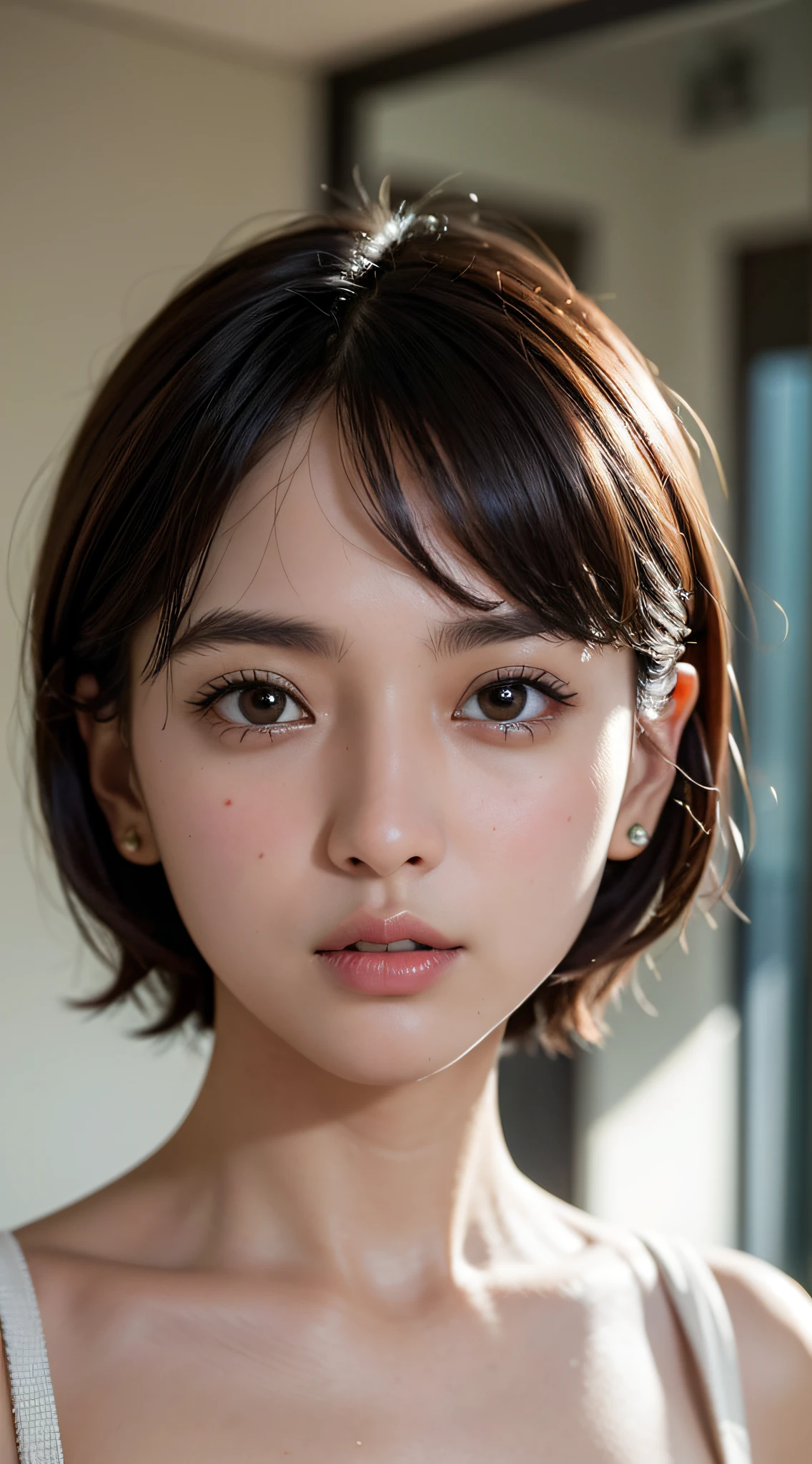 (Singapore:1.5), Close-up, Masterpiece, Best quality, Raw photo, Photorealistic, Face, Incredibly absurd, Beautiful girl, Cute, Short hair, Depth of field, High resolution, Ultra detail, Fine detail, Very detailed, Very detailed eyes and face, Sharp pupils, Realistic pupils, Sharp focus, Cinematic lighting Colossal tits Bob Hair