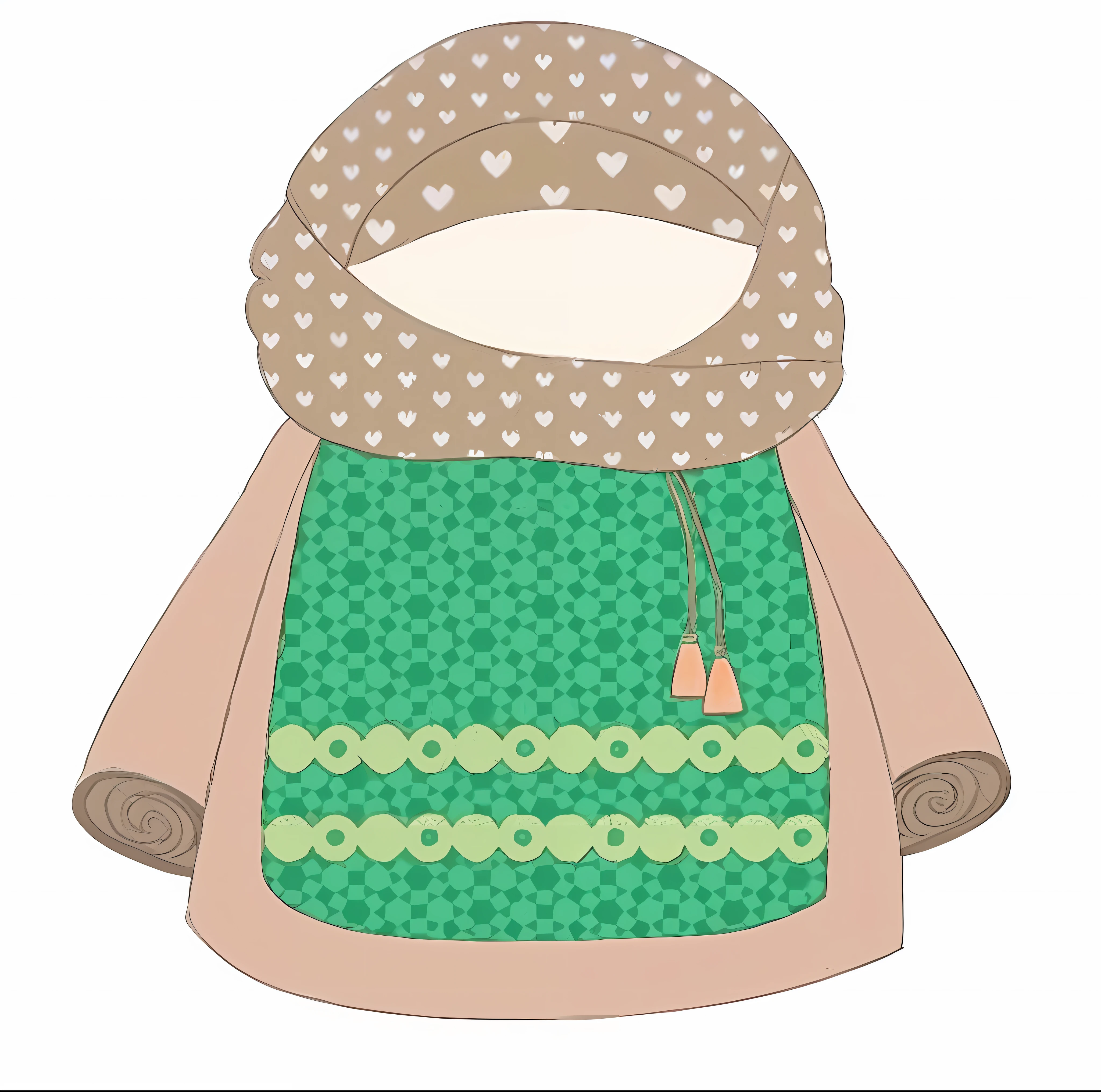 a cartoon illustration of a sweater with a heart, inspired by Sheikh Hamdullah, hijab, inspired by Shaddy Safadi, inspired by Fathi Hassan, multilayered clothing, green and brown clothes, inspired by Maryam Hashemi, inspired by Masamitsu Ōta, chibi, wearing desert poncho, inspired by Takehisa Yumeji Provencal style --auto --s2