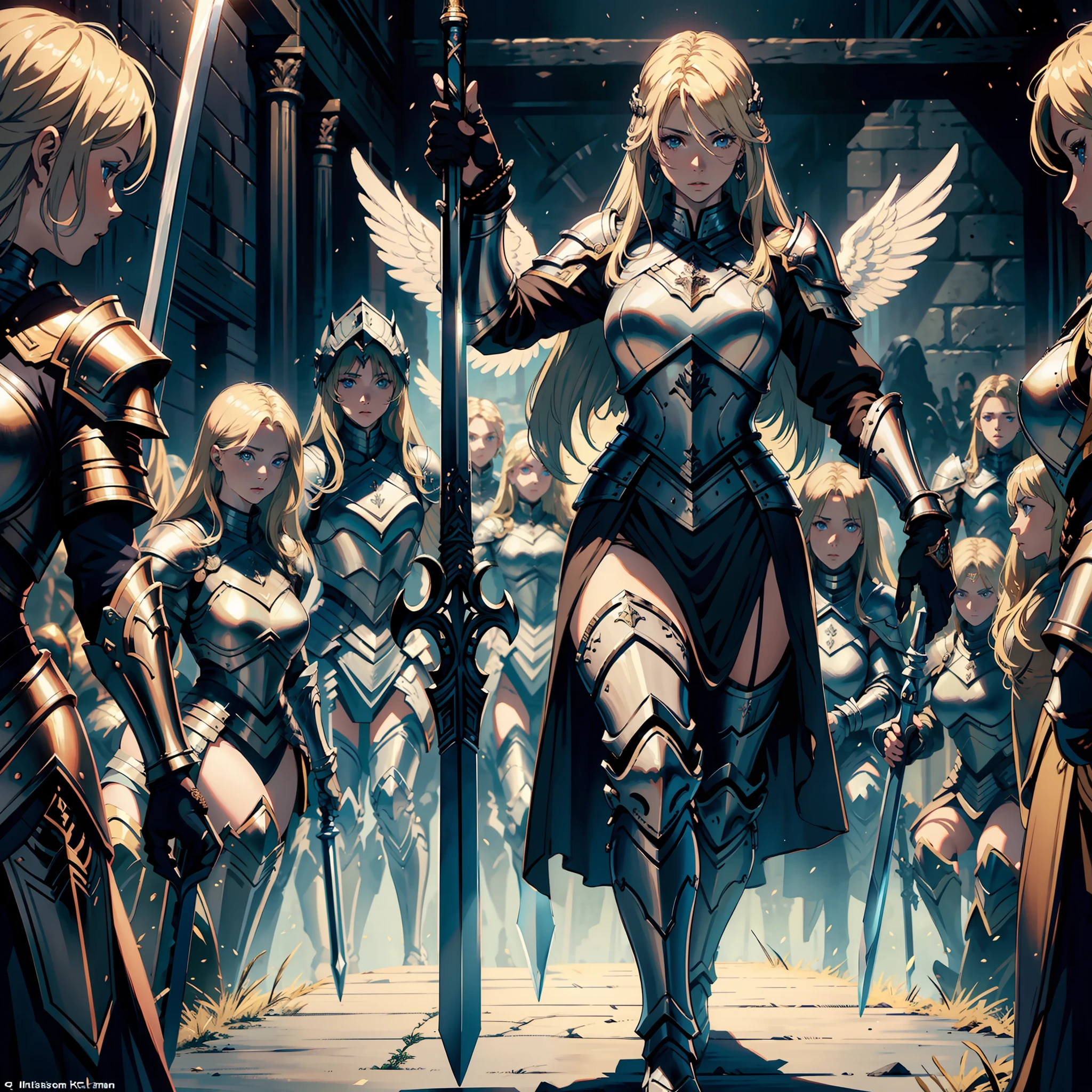 ((realistic: 1.5)),((best quality)), ((masterpiece)),((detailed)), army of female angels, wearing armor, blonde woman in center, holding sword up, kingdom of heaven