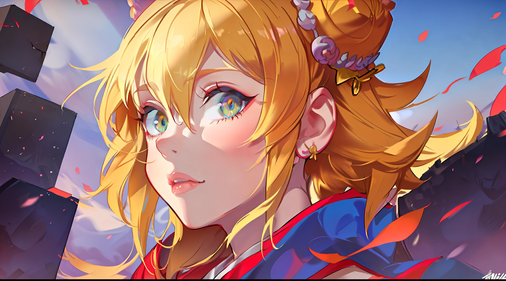Young girl, blonde hair in a bun, amber eyes, cat ears, kimono, masterpiece, high quality