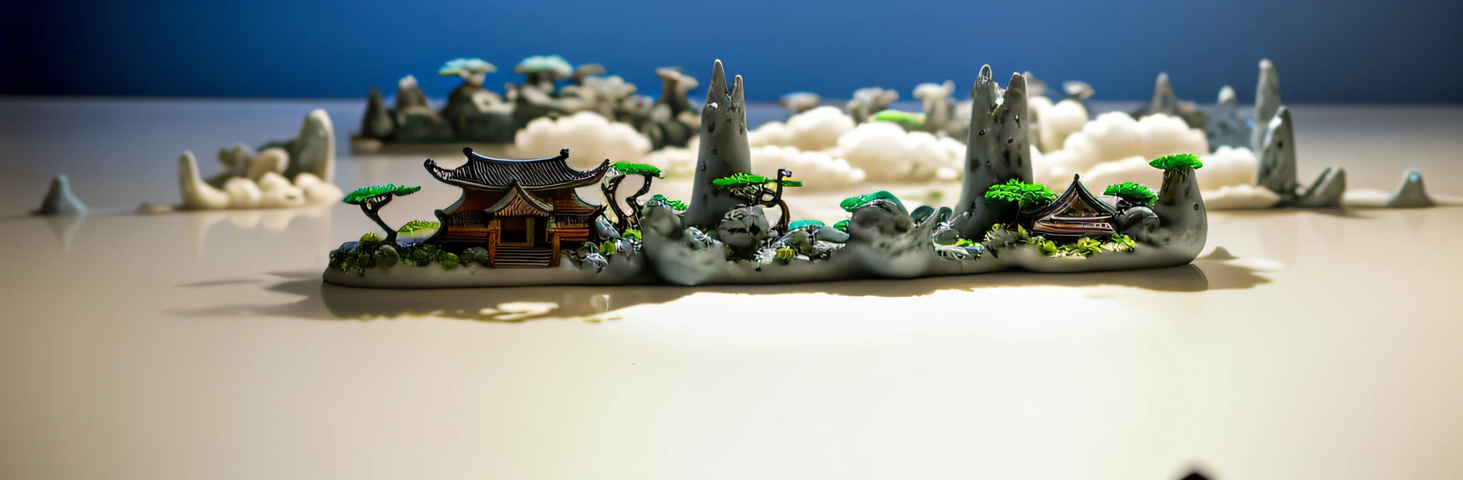 8,000-year-old theistic vitality style Asian houses, ethereal 6,000-year-old plum trees, mountain peaks, lying in a white cloud wonderland, liquid clouds, spore clouds, surreal water art, badly damaged walls, glowing flower-shaped clouds, slimy reflections, photos taken with Sony A7R cameras, clear focus on the landscape,