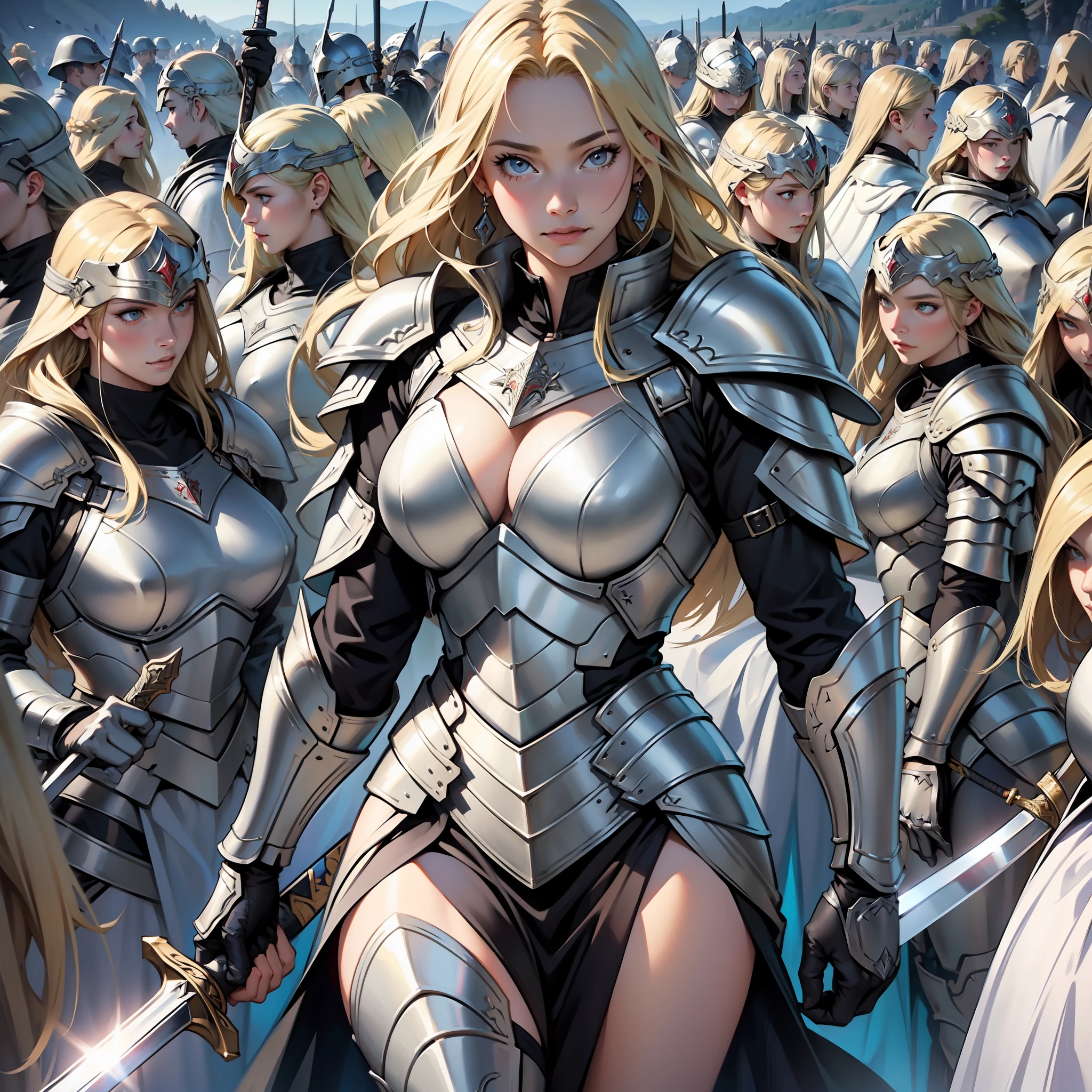 ((realistic: 1.5)),((best quality)), ((masterpiece)),((detailed)), army of female angels, wearing armor, blonde woman in center, holding sword up, kingdom of heaven