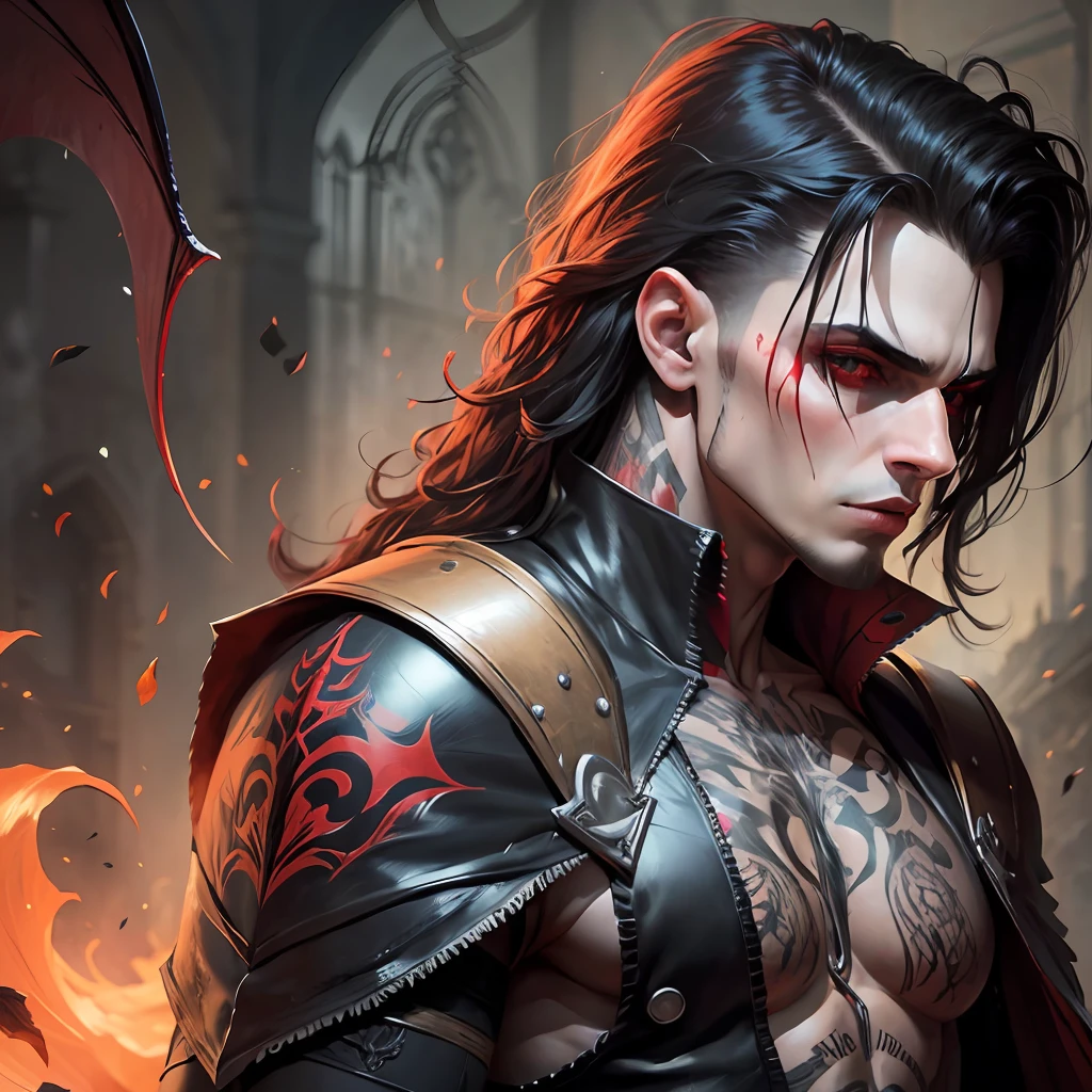 vampiro masculino, cabelo longo vermelho, olhos amarelo, pesadelo, realistic, dark --auto --s2
