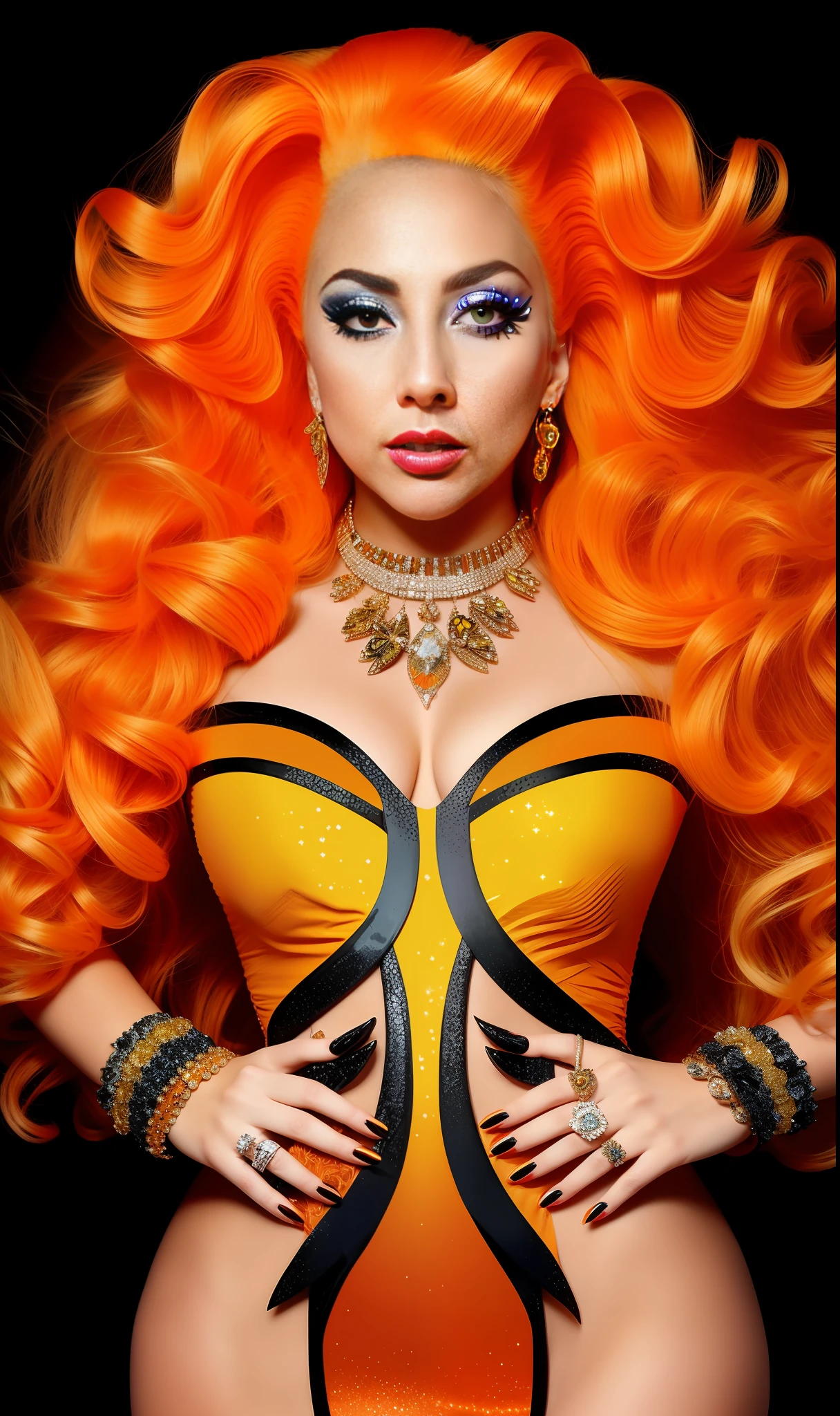 Photo of Lady GaGa 4K texture, monarch butterfly print dress,orange jewelry and diamonds,neon,extravagant hair, 8k image, haute couture, flashes, high image quality,neon dress, realistic face, various body poses, full body, 8k image, Sharp image,HD, blue glasses, HD face,galaxy background, Very sharp and detailed face, full body,  Various poses