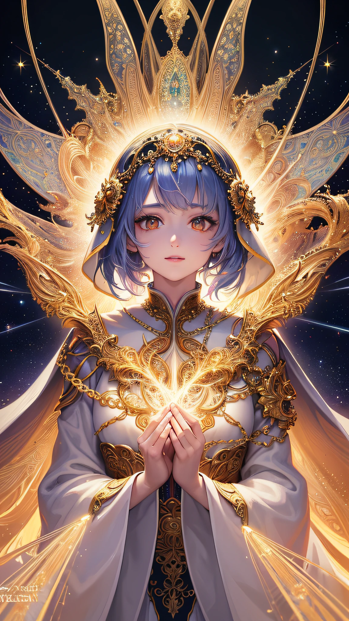 (masterpiece, top quality, best quality, official art, beautiful and aesthetic:1.2), (1girl), extreme detailed, (fractal art:1.3), colorful, highest detailed, perfect face, upper body, HDR, (praying:1.3), (white cloak golden lines:1.2), galaxy, (light streaks), striking visuals, (dynamic streaks, luminous trails:1.2), vibrant colors,