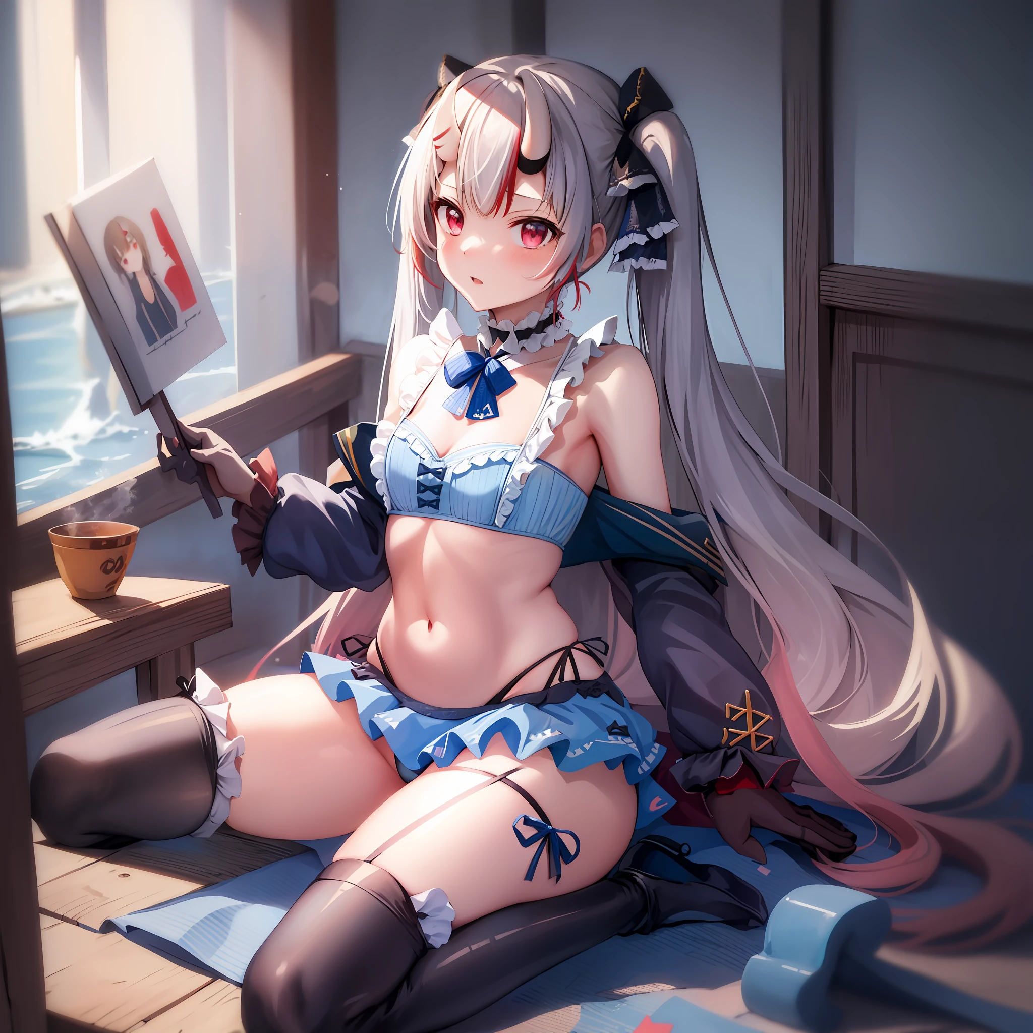 ((Masterpiece)), (Best Quality), Solo, Nakiri Ayame, long hair, twintails, AyameBikini, blue bikini, frilled bikini, bikini skirt, hair bow, black bow, frilled choker, (NSFW:1.3), Full Body