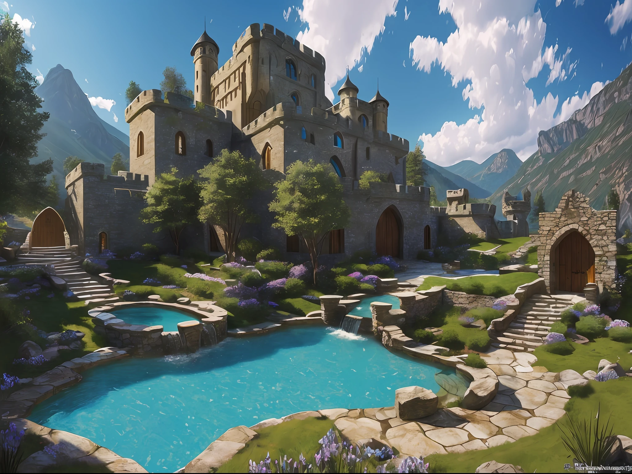 (masterpiece:1.2), (best quality:1.2), high quality, epic, realistic, medieval fantasy, fantasy, medieval, cobblestone pool, clear water, dim light, darkness, rough mountain walls, ornate portals carved into mountain walls, medieval wells, fantasy medieval furniture, windows carved into the mountain walls, stone staircase, ornaments carved into mountain walls, spring waterfalls pouring into pools