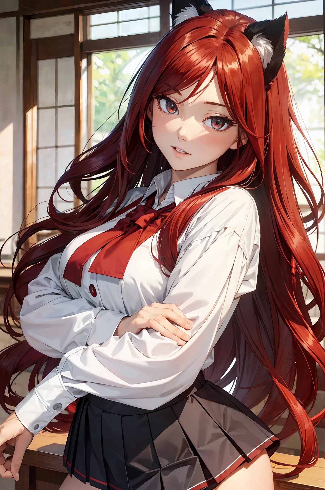 Masterpiece, rias gremory, best quality, 1girl, long hair, (((sexy))), (((realistic))), (((Curvilinear))), eyes bells, crimson red hair, straight hair, wavy hair, beautiful eyes, beautiful detailed shine, very bright, (((foxy girl))),(((Japanese school clothes)))), (skirt), (((uniform blouse))