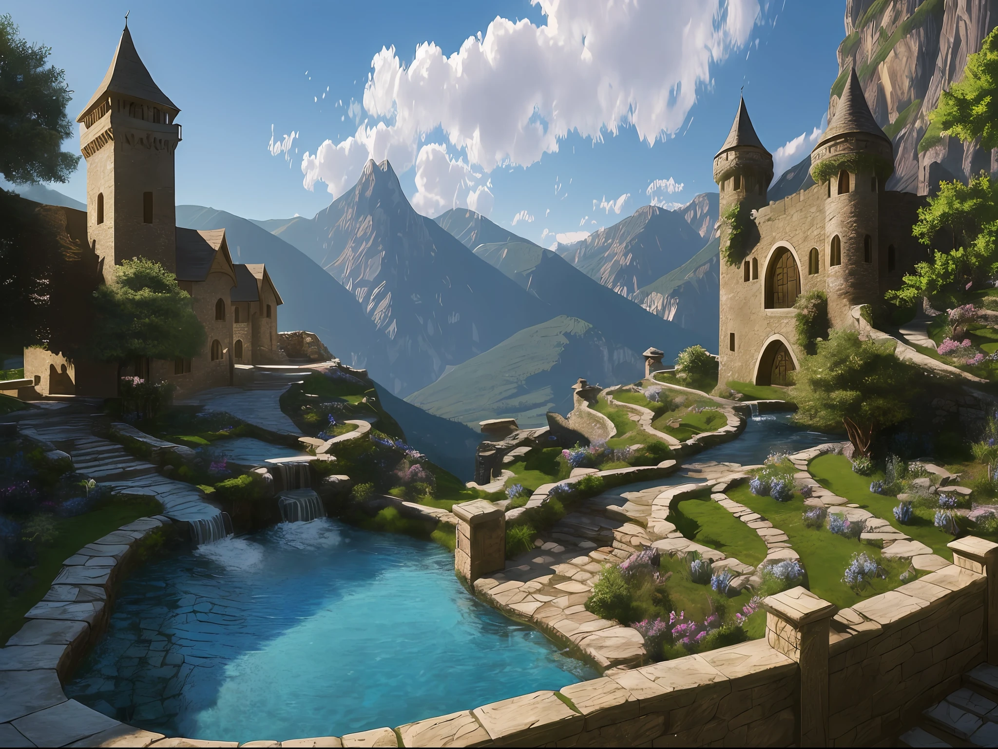 (masterpiece:1.2), (best quality:1.2), high quality, epic, realistic, medieval fantasy, fantasy, medieval, cobblestone pool, clear water, dim light, darkness, rough mountain walls, ornate portals carved into mountain walls, medieval wells, fantasy medieval furniture, windows carved into the mountain walls, stone staircase, ornaments carved into mountain walls, spring waterfalls pouring into pools