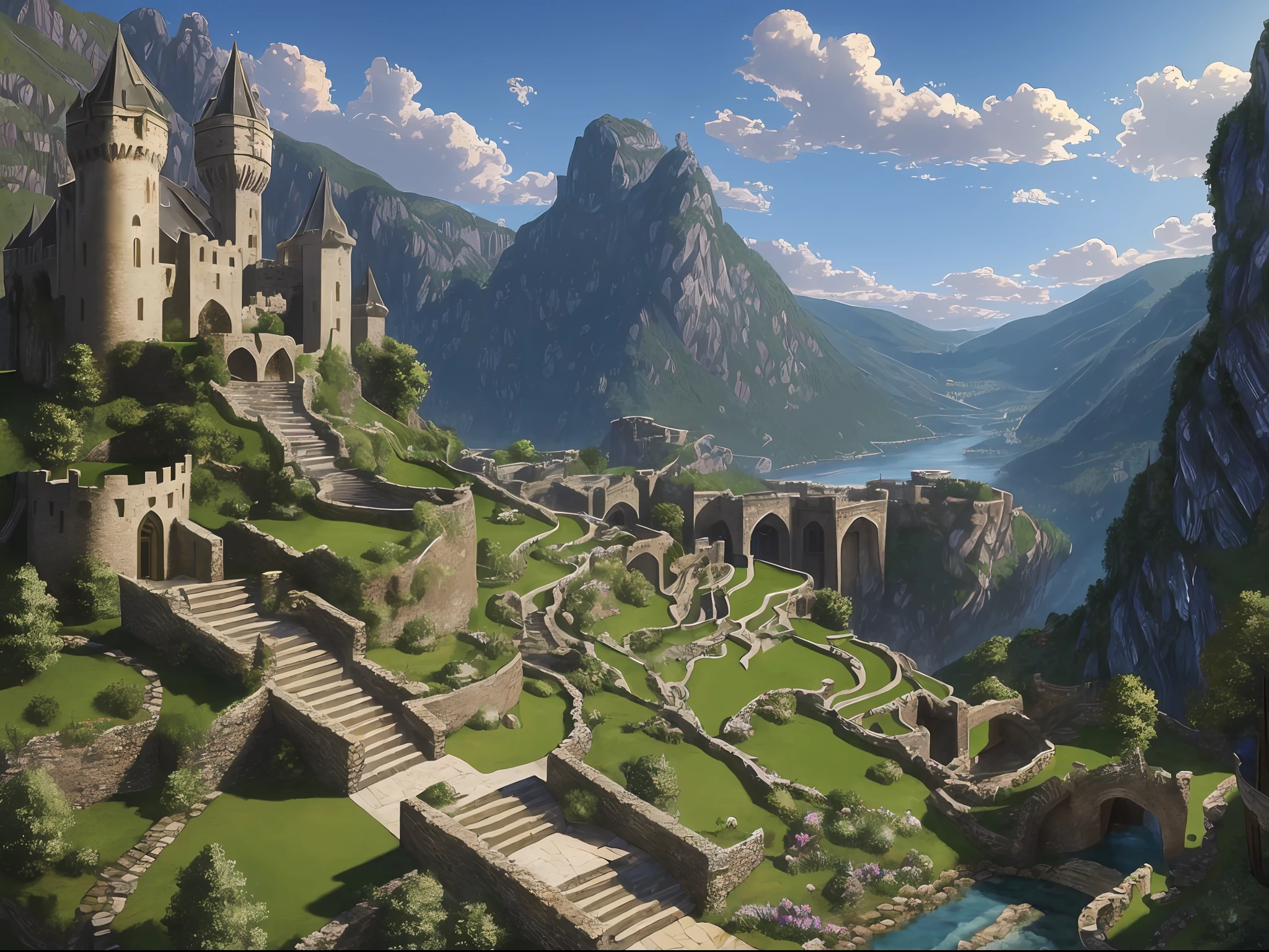(masterpiece:1.2), (best quality:1.2), high quality, epic, realistic, medieval fantasy, fantasy, medieval, cobblestone pool, clear water, dim light, darkness, rough mountain walls, ornate portals carved into mountain walls, medieval wells, fantasy medieval furniture, windows carved into the mountain walls, stone staircase, ornaments carved into mountain walls, spring waterfalls pouring into pools