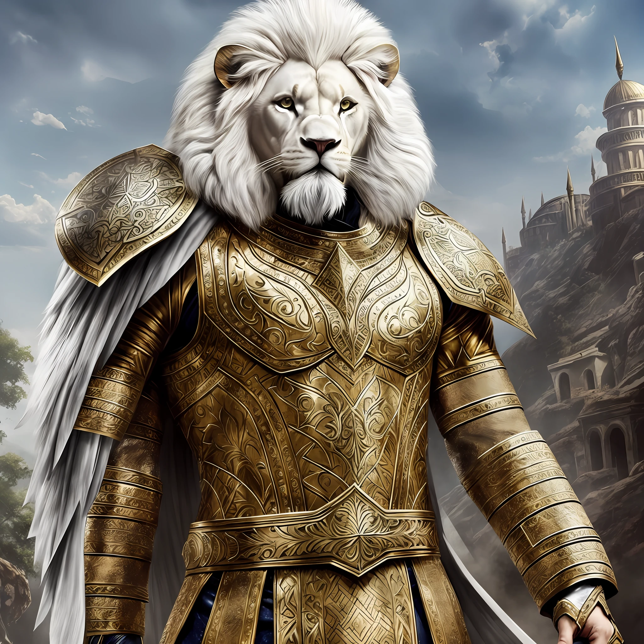 a white lion-man wearing a Turkish warrior's outfit, with a metal and leather suit covering his body, perfect anatomy, RPG style --auto --s2