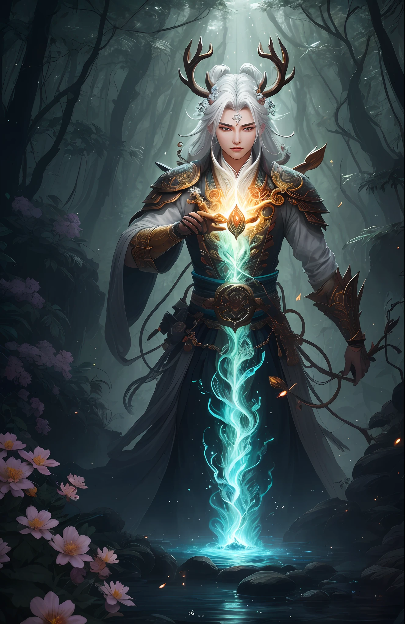 Masterpiece, best quality, (very detailed CG unified 8k wallpaper), (best quality), (best illustration), (best shadow), close-up of a beauty with white hair and white mask, beautiful figure painting, Guvitz, Guwiz style artwork, white-haired god, Yang J, epic exquisite character art, amazing character art, Fan Qi, Wu Zhun Shifan, Guwiz in pixiv art station, glowing elf, with a glowing deer, drinking water in the pool, Natural elements in forest theme. Mysterious forest, beautiful forest, nature, surrounded by flowers, delicate leaves and branches surrounded by fireflies (natural elements), (jungle theme), (leaves), (branches), (fireflies), (particle effects) and other 3D, Octane rendering, ray tracing, super detailed