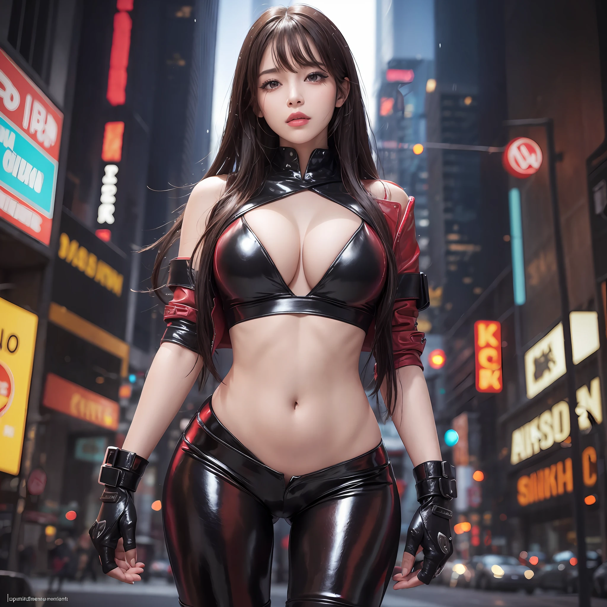 best quality, 8K, super fine illustration, perfect anatomy, cowboy shot, professional lighting, (1girl), blurring background, shiny big, shiny skin, wet body, big with presence, blush, (full body), side, cleavage, blush, under, lashes, eyeliner, long hair, dark brown hair, very detailed face and skin texture, detailed eyes, bangs, constrictions, belly button shirt, ripped denim shorts, sexy, round buttocks,