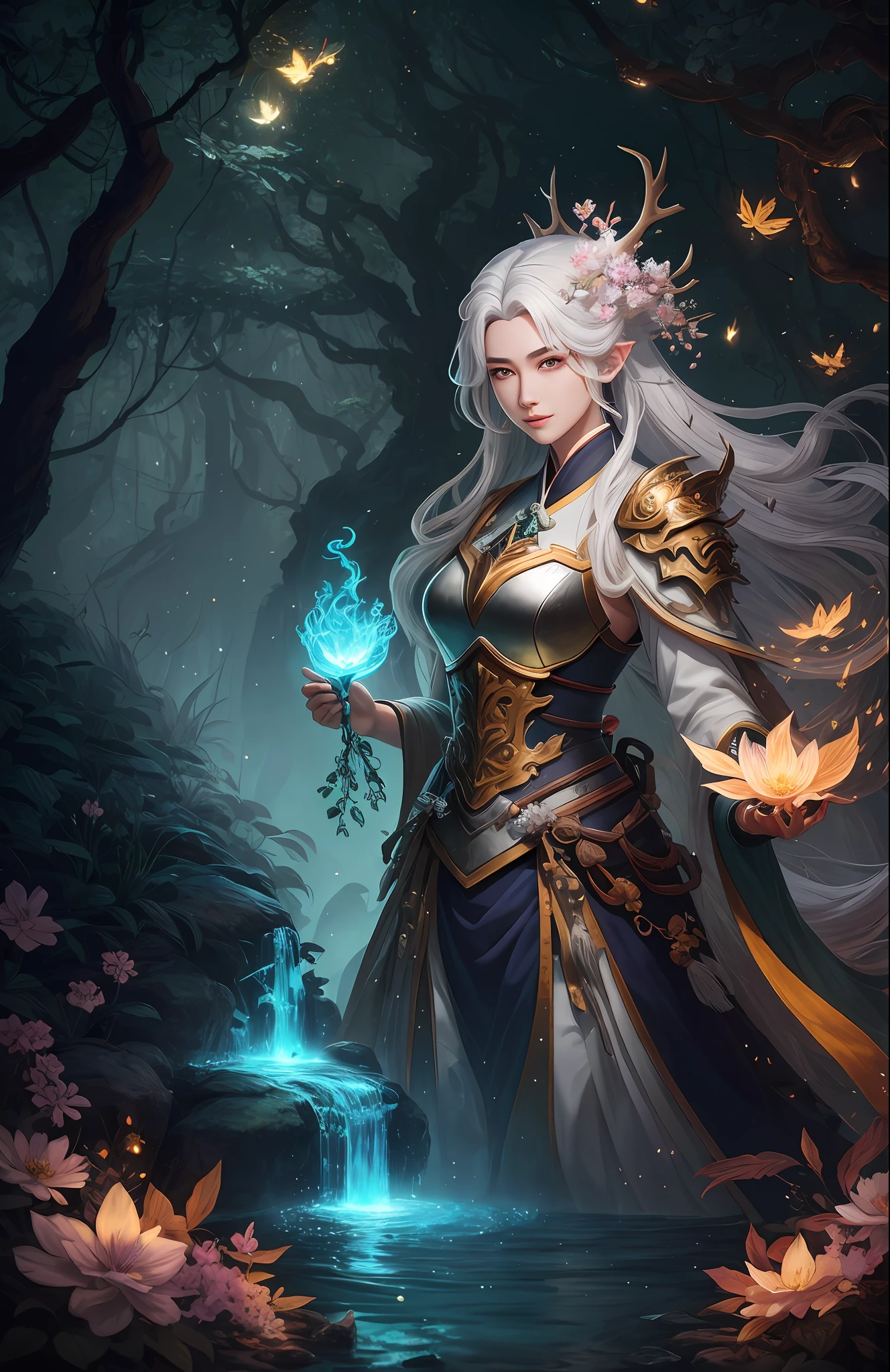 Masterpiece, best quality, (very detailed CG unified 8k wallpaper), (best quality), (best illustration), (best shadow), close-up of a beauty with white hair and white mask, beautiful figure painting, Guvitz, Guwiz style artwork, white-haired god, Yang J, epic exquisite character art, amazing character art, Fan Qi, Wu Zhun Shifan, Guwiz in pixiv art station, glowing elf, with a glowing deer, drinking water in the pool, Natural elements in forest theme. Mysterious forest, beautiful forest, nature, surrounded by flowers, delicate leaves and branches surrounded by fireflies (natural elements), (jungle theme), (leaves), (branches), (fireflies), (particle effects) and other 3D, Octane rendering, ray tracing, super detailed