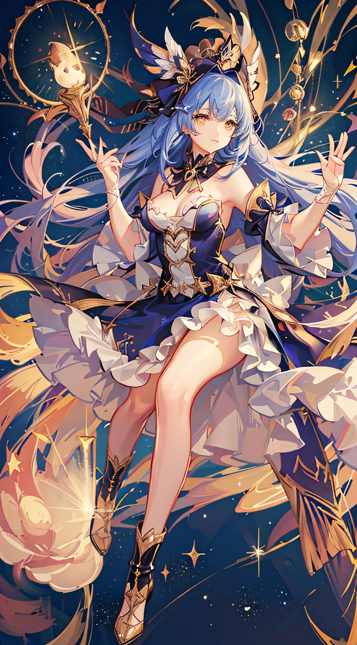 (Magical Girl)), ((Gorgeous Starry Background)), ((Ultra Detailed)), ((Best Illustration)), ((Movie Lighting)), Dynamic Angle, Floating, Fine, (Flash: 1.2), (Shine: 1.2), (Shine: 1.2), Classic, (Drawing: 1.1), (Sketch: 1.1), (Best Quality), (Illustration: 1.2), (Anime Style), (Solo), Beautiful Detailed Face, (Cute Face: 1.3), (Big Eyes)), Colored hair, (long hair: 1.2), (flowing hair: 1.2), (magical girl costume), detail, (sparkling wand: 1.3), (magic effect: 1.3), (flowing dress: 1.2), (cute boots: 1.1), (transparent fabric: 1.1), (flickering: 1.2), (glow: 1.2), (sparkle: 1.2), (sparkle: 1.2), (sparkle: 1.2), (shimmer: 1.2)