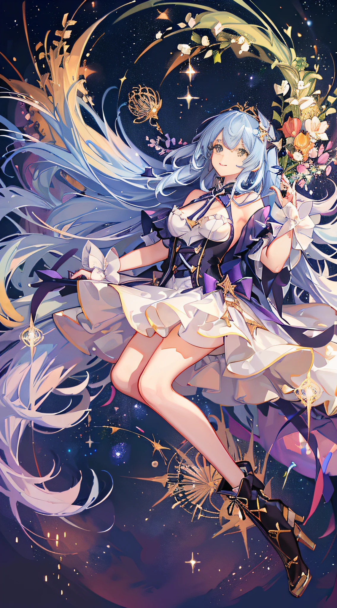 (Magical Girl)), ((Gorgeous Starry Background)), ((Ultra Detailed)), ((Best Illustration)), ((Movie Lighting)), Dynamic Angle, Floating, Fine, (Flash: 1.2), (Shine: 1.2), (Shine: 1.2), Classic, (Drawing: 1.1), (Sketch: 1.1), (Best Quality), (Illustration: 1.2), (Anime Style), (Solo), Beautiful Detailed Face, (Cute Face: 1.3), (Big Eyes)), Colored hair, (long hair: 1.2), (flowing hair: 1.2), (magical girl costume), detail, (sparkling wand: 1.3), (magic effect: 1.3), (flowing dress: 1.2), (cute boots: 1.1), (transparent fabric: 1.1), (flickering: 1.2), (glow: 1.2), (sparkle: 1.2), (sparkle: 1.2), (sparkle: 1.2), (shimmer: 1.2)