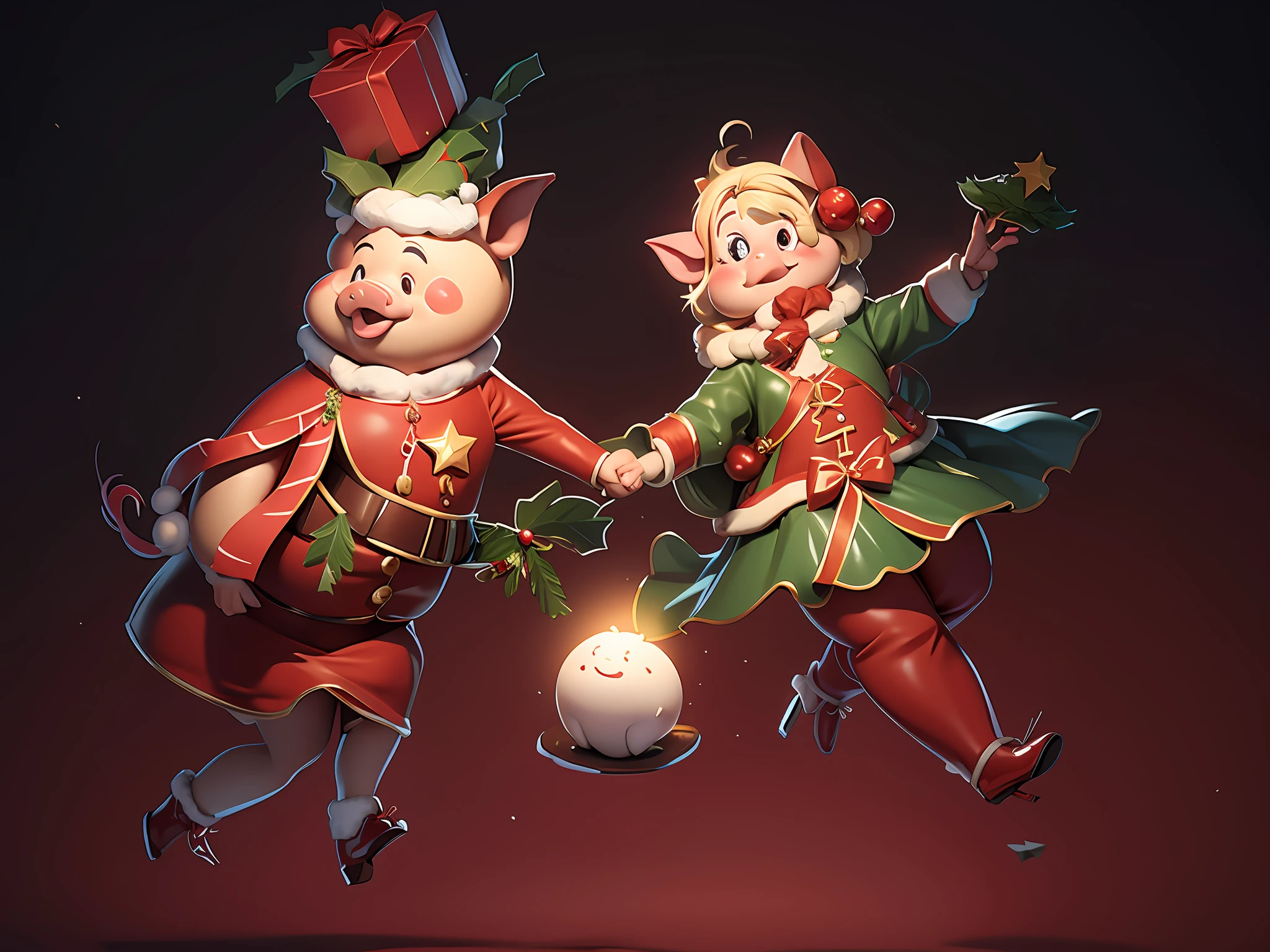 At Christmas, two pigs are dancing, dressed in Christmas costumes, and there is a Christmas tree