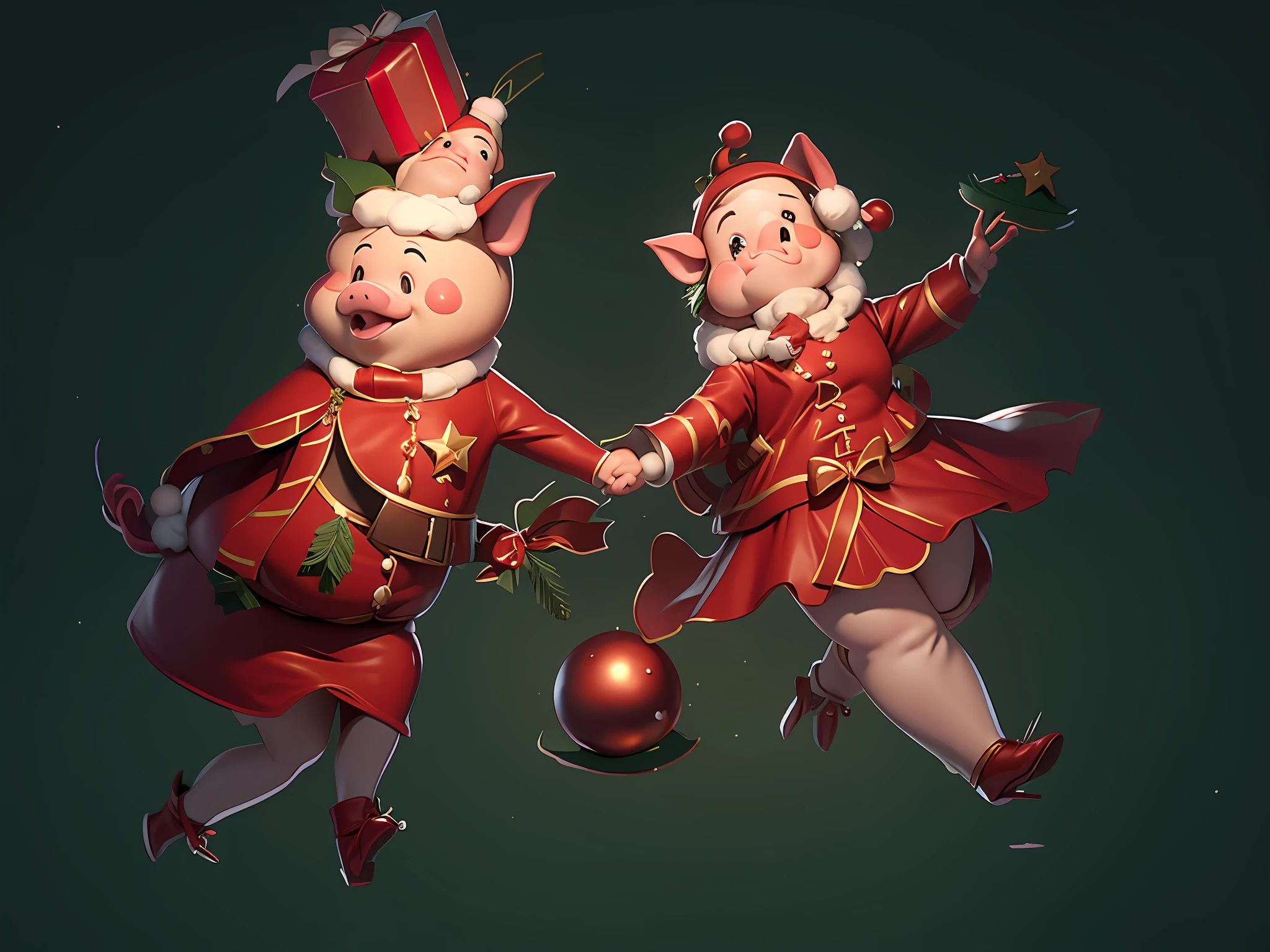 At Christmas, two pigs are dancing, dressed in Christmas costumes, and there is a Christmas tree