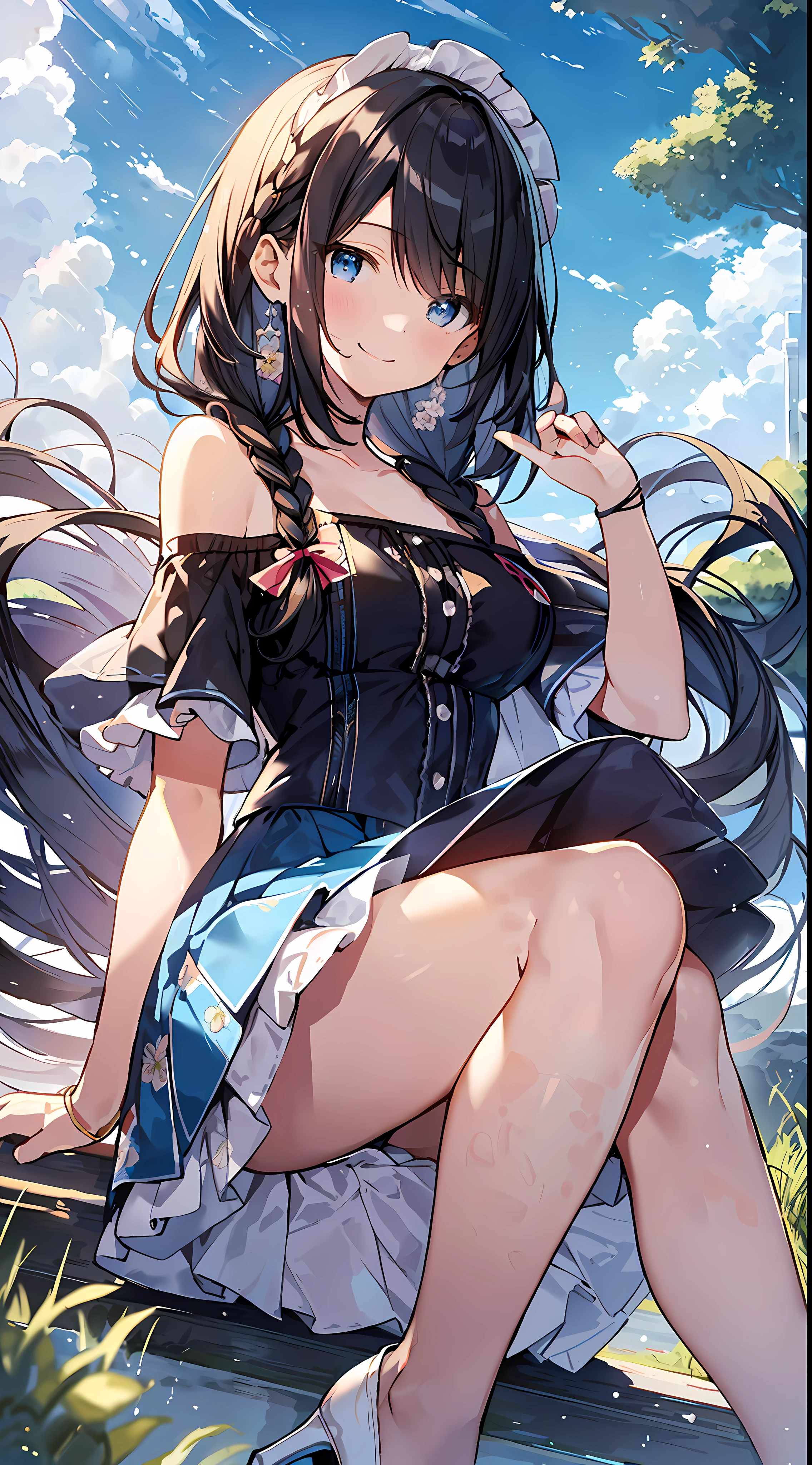 Top Quality, Masterpiece, Ultra High Definition, 8K, Summer Sky, Early Summer, (((blue ruffled tops, white skirts, high heels)), Shojo Manga style loli, one, soft line drawing, digital enhancement, shojo manga touch, shojo manga core, flowing fabric, close-up, (short braid with hair length to the shoulders)), wet hair, staring at us from the front, soft drawing, Beautiful black hair, clear eyes, ((teasing smile)), ultra-detailed digital anime art, clear face depiction, ultra-detailed shojo manga character art, ultra-detailed manga style, top quality colors, hand gestures, landscape with nature, looking up at the sky, angle that can see up to your feet