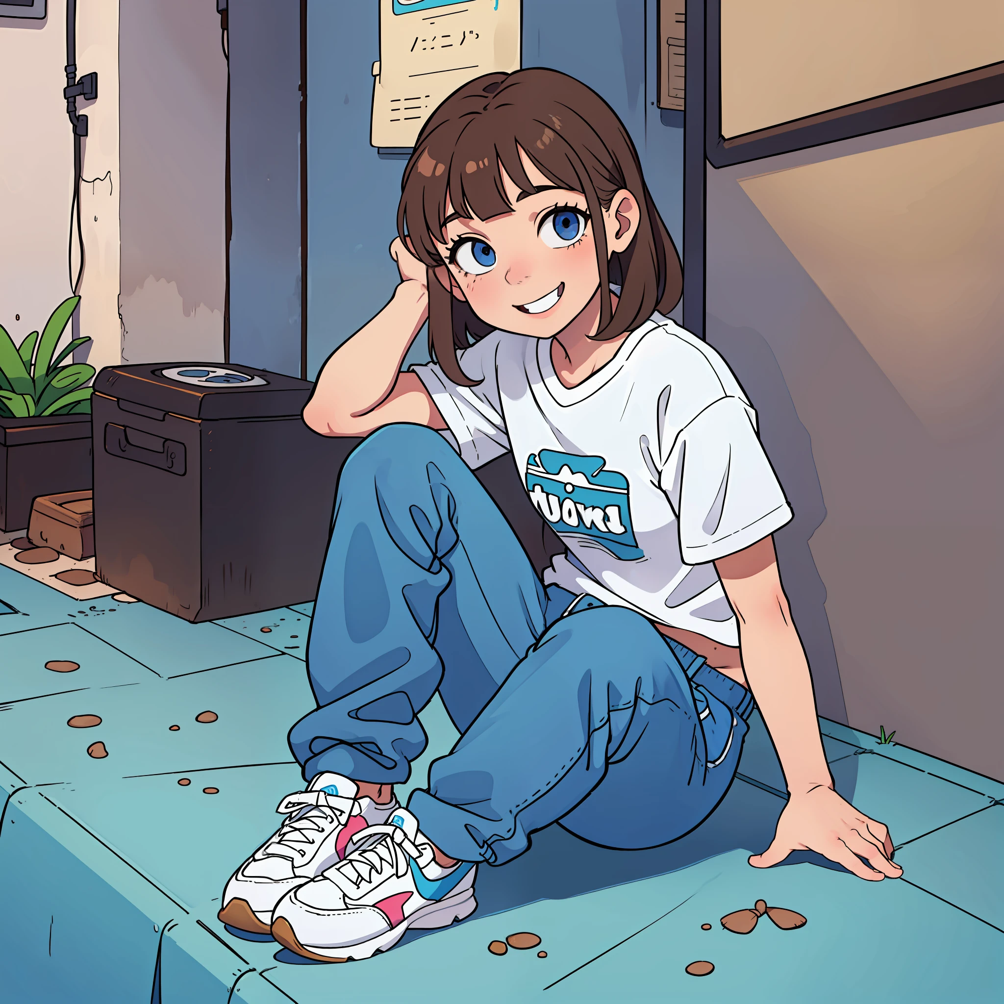 Laura is a -yeld gi has brown hair and blue eyes, is smiling and cheerful, wears pants, T-shirt and sneakers, is a beautiful girl ((full body image))