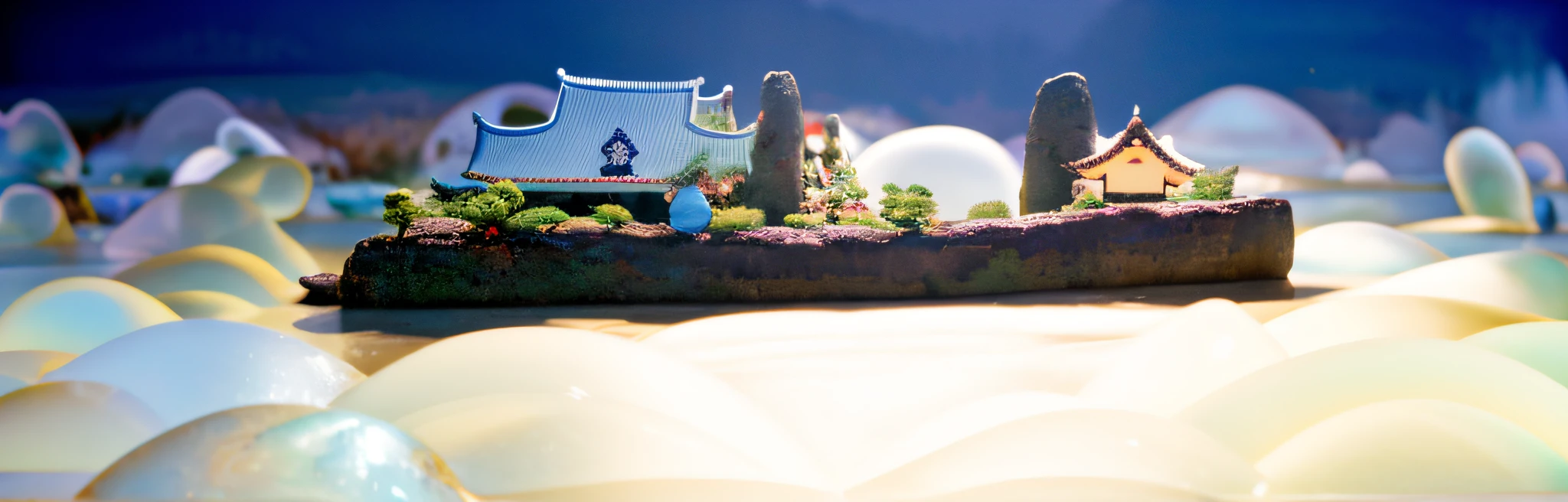 8,000-year-old theistic vitality style Asian houses, ethereal 6,000-year-old plum trees, mountain peaks, lying in a white cloud wonderland, liquid clouds, spore clouds, surreal water art, badly damaged walls, glowing flower-shaped clouds, slimy reflections, photos taken with Sony A7R cameras, clear focus on the landscape,