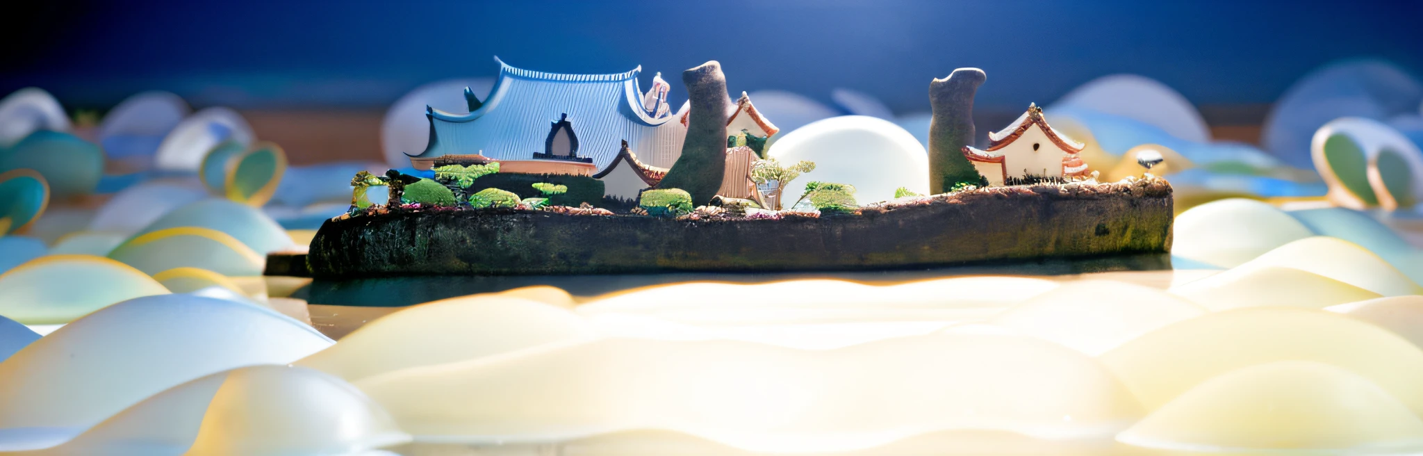 8,000-year-old theistic vitality style Asian houses, ethereal 6,000-year-old plum trees, mountain peaks, lying in a white cloud wonderland, liquid clouds, spore clouds, surreal water art, badly damaged walls, glowing flower-shaped clouds, slimy reflections, photos taken with Sony A7R cameras, clear focus on the landscape,
