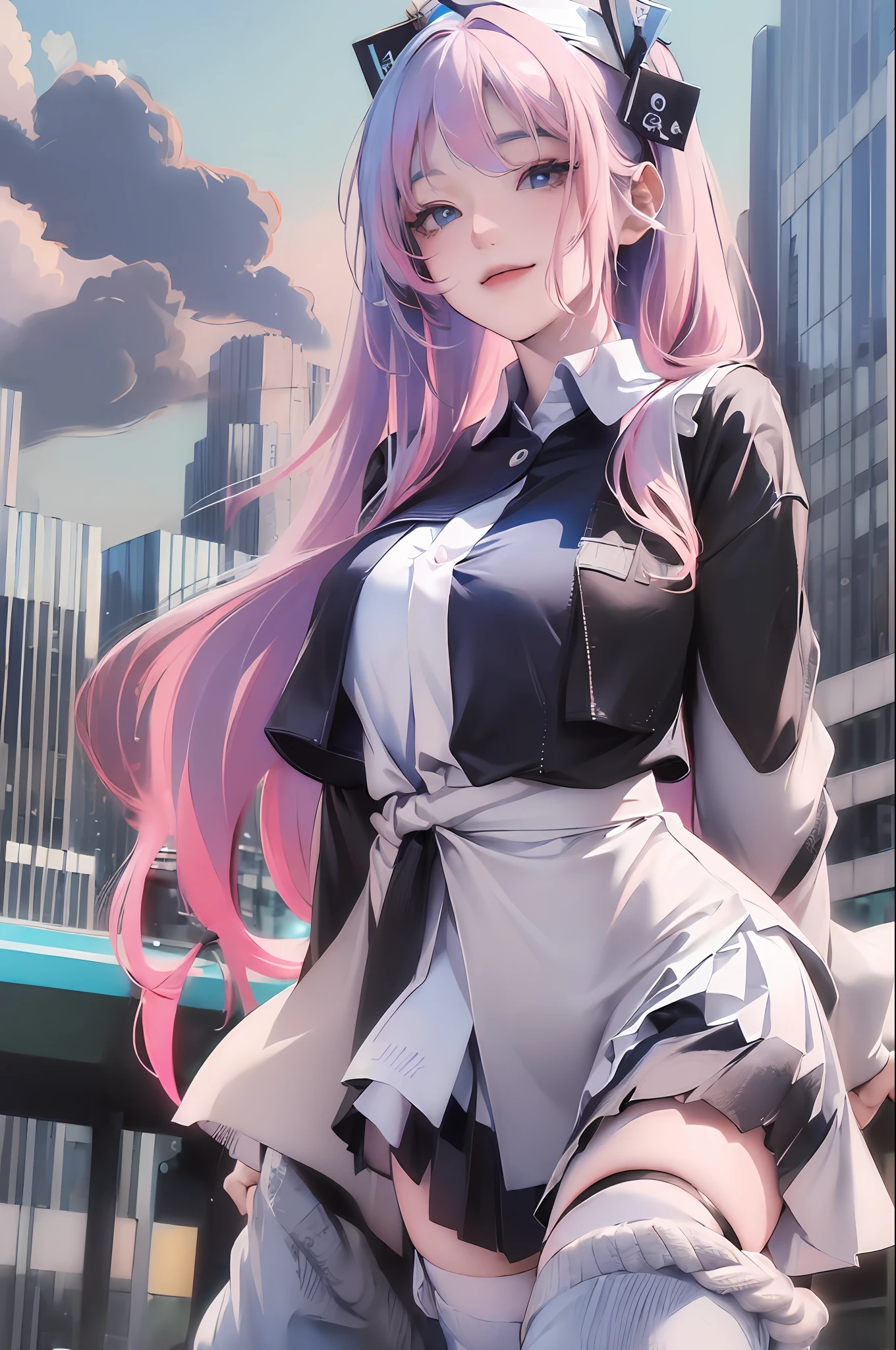 official art, masterpiece, sharp focus, (beautiful gorgeous cute Korean woman:1.3), (beautiful cute korean:1.3), korean beauty, Delicate and beautiful hair and eyes and face, realistic, ultra detailed, beautiful girl, blue sky, glow white particle, (sidelighting:1.2), sun light, white cloud, detailed clouds, slender, Lovely very large breasts and very large hips, smile with teeth, ((smile with eyes, open both eyes)), scenery, long straight hair, sexy facial expression, building, (cityscape:1.7), dynamic hair, long straight hair, detailed platinum pink hair, glow blue eyes, (blue pleated shirts + white skirt), white long socks, pale skin, hair ornament, epic scenery,