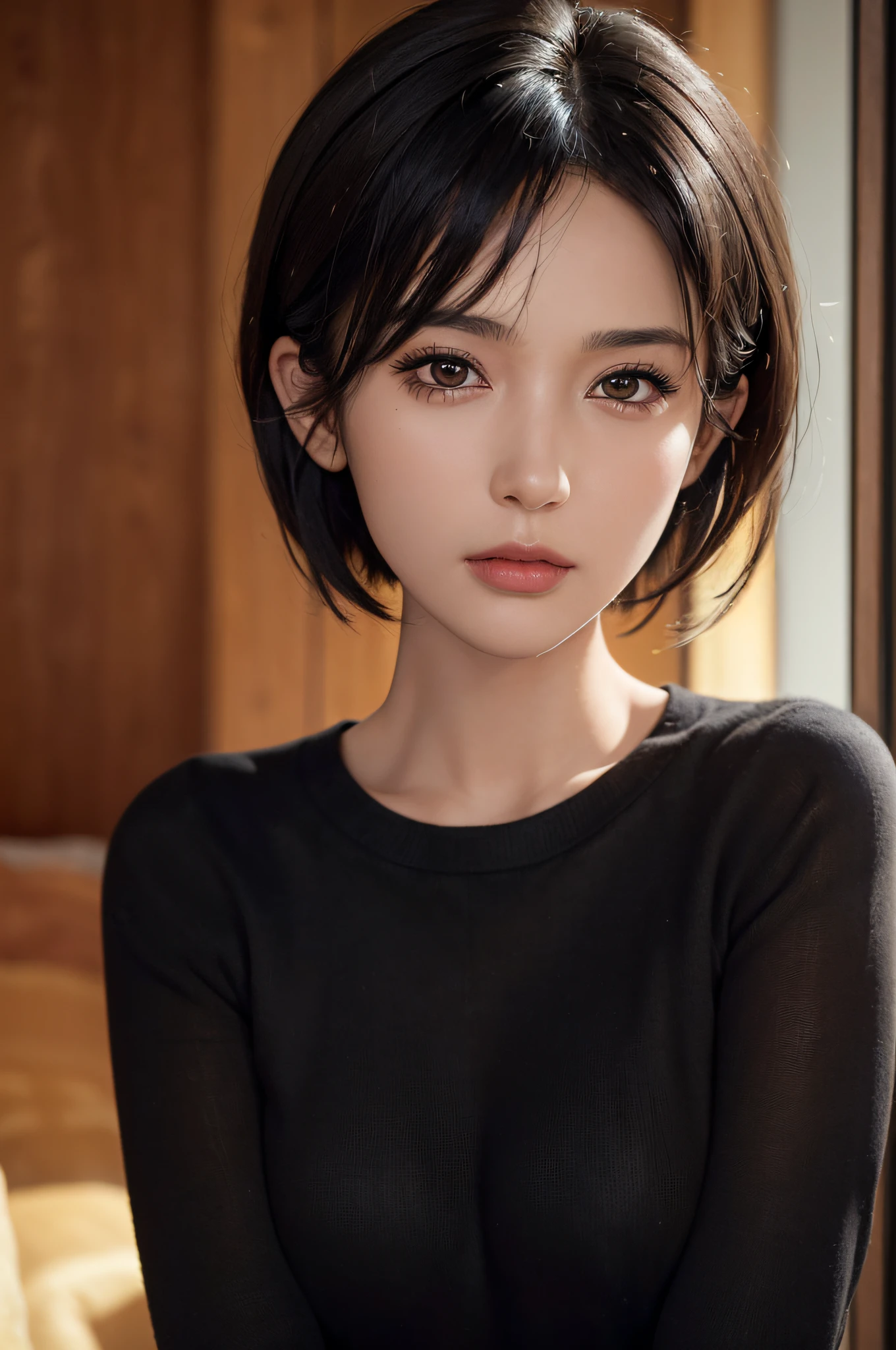 (masterpiece:1.3), (8k, photorealistic, RAW photo, best quality: 1.4), (1girl), beautiful face, (realistic face), (black hair, short hair:1.3), beautiful hairstyle, realistic eyes, beautiful detailed eyes, (realistic skin), beautiful skin, (sweater), absurdres, attractive, ultra high res, ultra realistic, highly detailed, golden ratio