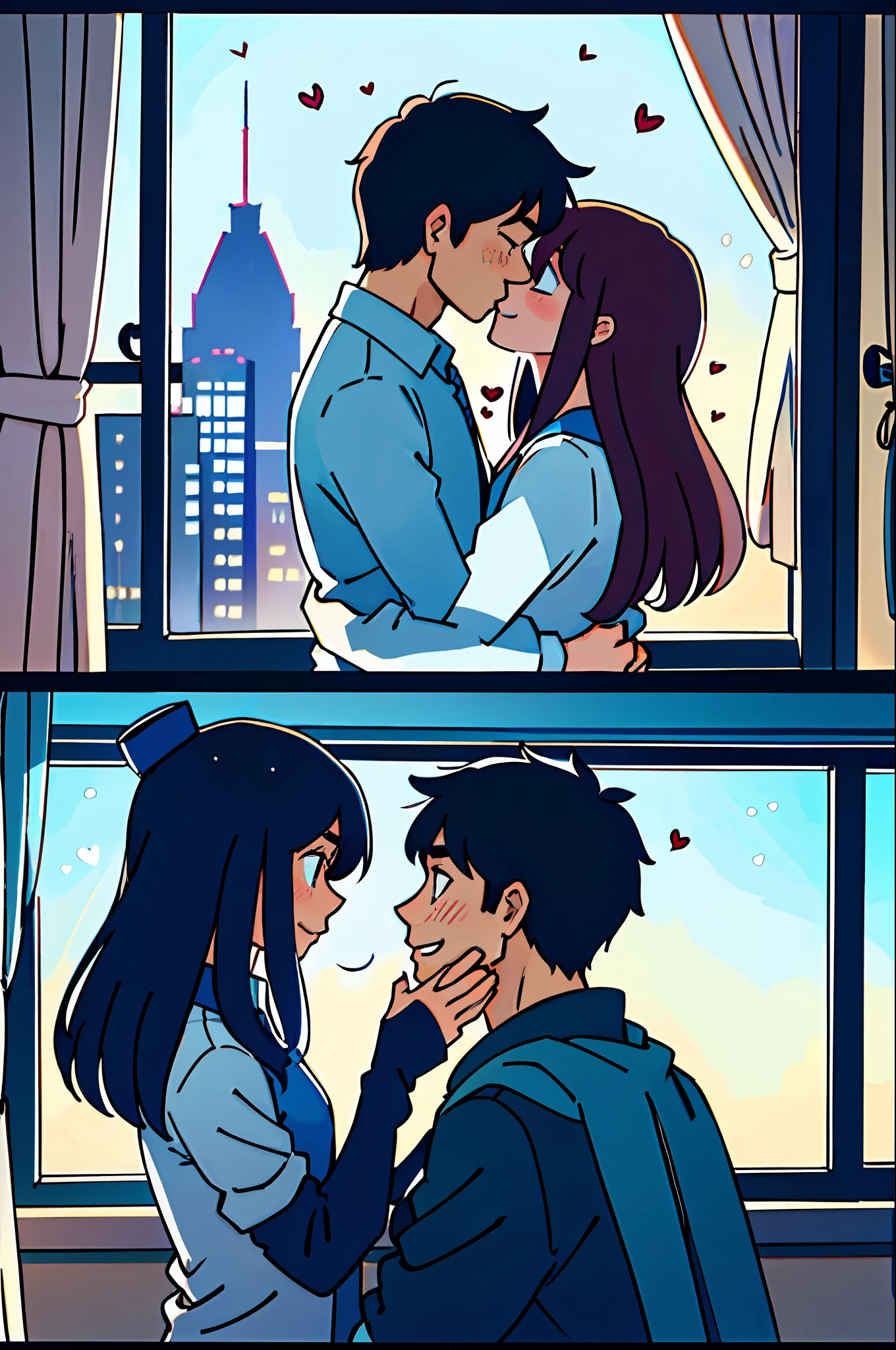 In the video, the two people wear masks and hats, but it is still impossible to hide the deep affection between them. They walked into a hotel together with things in hand.

Shot 1: Two people walk into the door of the hotel, hug each other tightly, and make love. They were carrying something in their hands, as if to celebrate some special day.

Shot 2: Two people walk into a room without curtains, and outside the window is a beautiful night scene. They came to the window, hugged each other, and looked out the window at the view.

Shot 3: In a romantic atmosphere, the two begin to kiss passionately. Their eyes were full of love and passion, as if at this moment, the whole world was left with only the two of them.

Shot 4: After the kiss, the two people look at each other and express their feelings to each other. Their hands clasped together as if they would never be separated.

During the whole process, the love and romance of the two people gradually warmed up, making people feel the deep feelings between them. This romantic kiss also reminds people of the beautiful moments they have experienced, which makes people feel refreshed.
