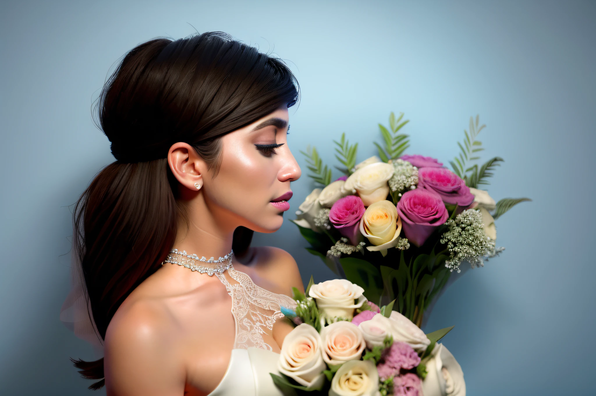 bride in white wedding dress holding bouquet in front of blue backdrop, malika favre, profile image, jacqueline e, pastel', ekaterina, 1614572159, profile picture, wedding, caroline gariba, alanis guillen, fernanda suarez, sandra chevier, marischa becker, looks like fabiula nascimento