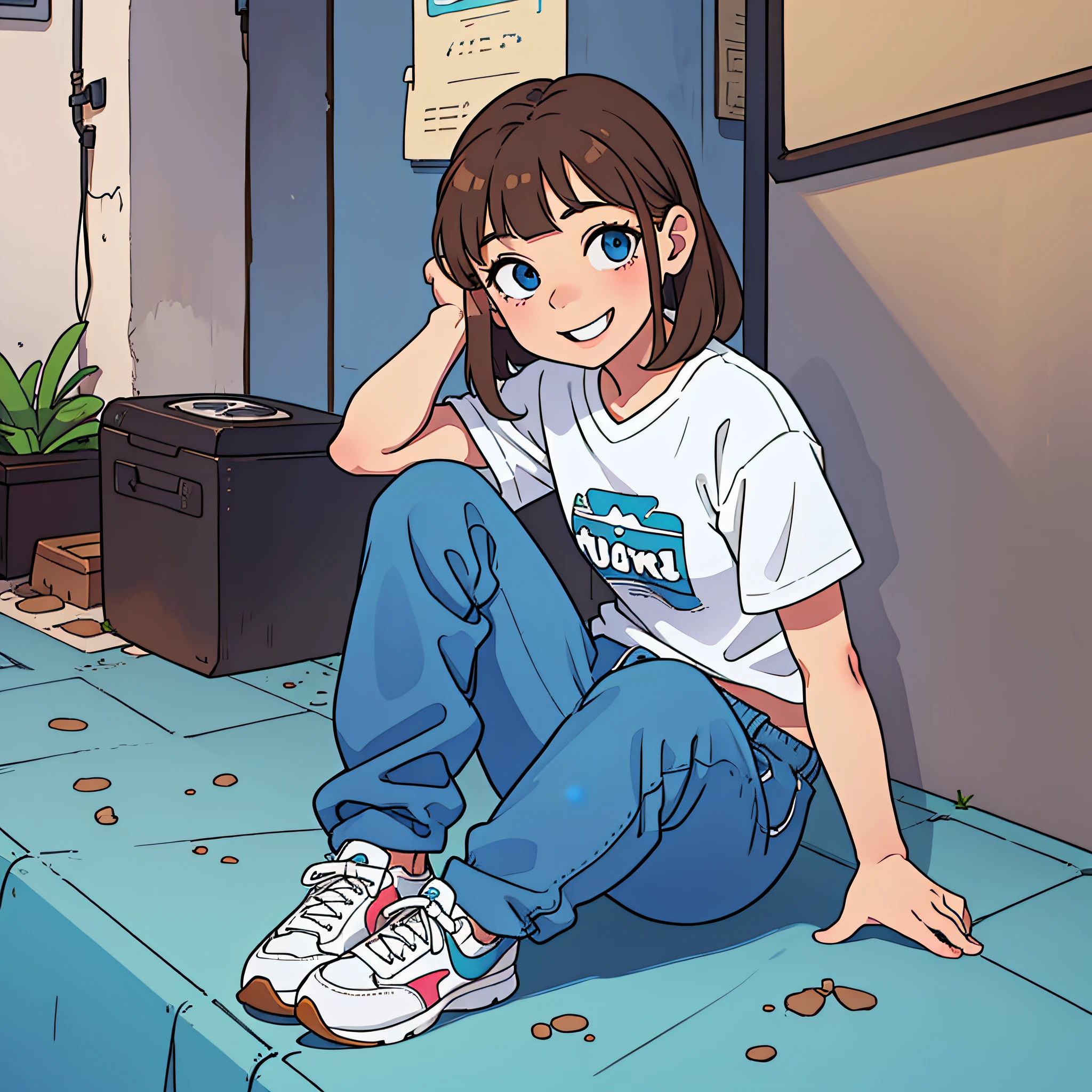 Laura is a 10-year-old girl, has brown hair and blue eyes, is smiling and cheerful, wears pants, T-shirt and sneakers, is a beautiful girl ((full body image))