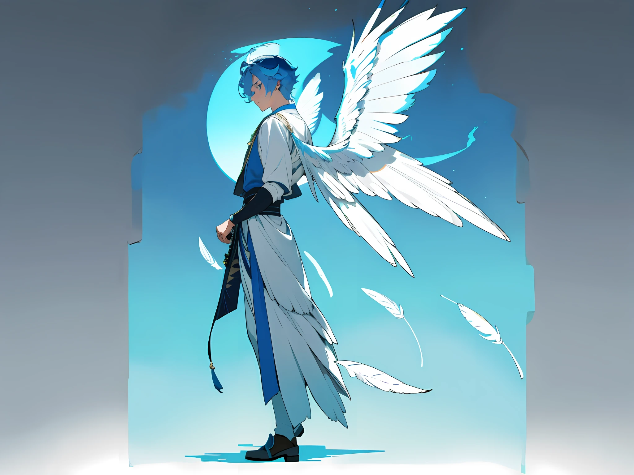 ((masterpiece)),(((best quality))),((character design sheet,same character,front,side,back)),illustration,1 boy, young man, differents poses, medium short hair, blue color palette, sky blue hair, hair on eyes, neon colors,beautiful eyes,environment Scene change, pose too, male angel, angelic, ángel wings, feather wings, feathers on the hair holds a magic katana, charturnbetalora, (simple background, white background: 1.3), 8k,16k