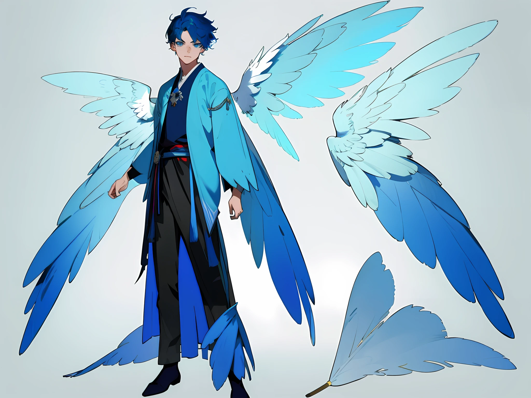 ((masterpiece)),(((best quality))),((character design sheet,same character,front,side,back)),illustration,1 boy, young man, differents poses, medium short hair, blue color palette, sky blue hair, hair on eyes, neon colors,beautiful eyes,environment Scene change, pose too, male angel, angelic, ángel wings, feather wings, feathers on the hair holds a magic katana, charturnbetalora, (simple background, white background: 1.3), 8k,16k