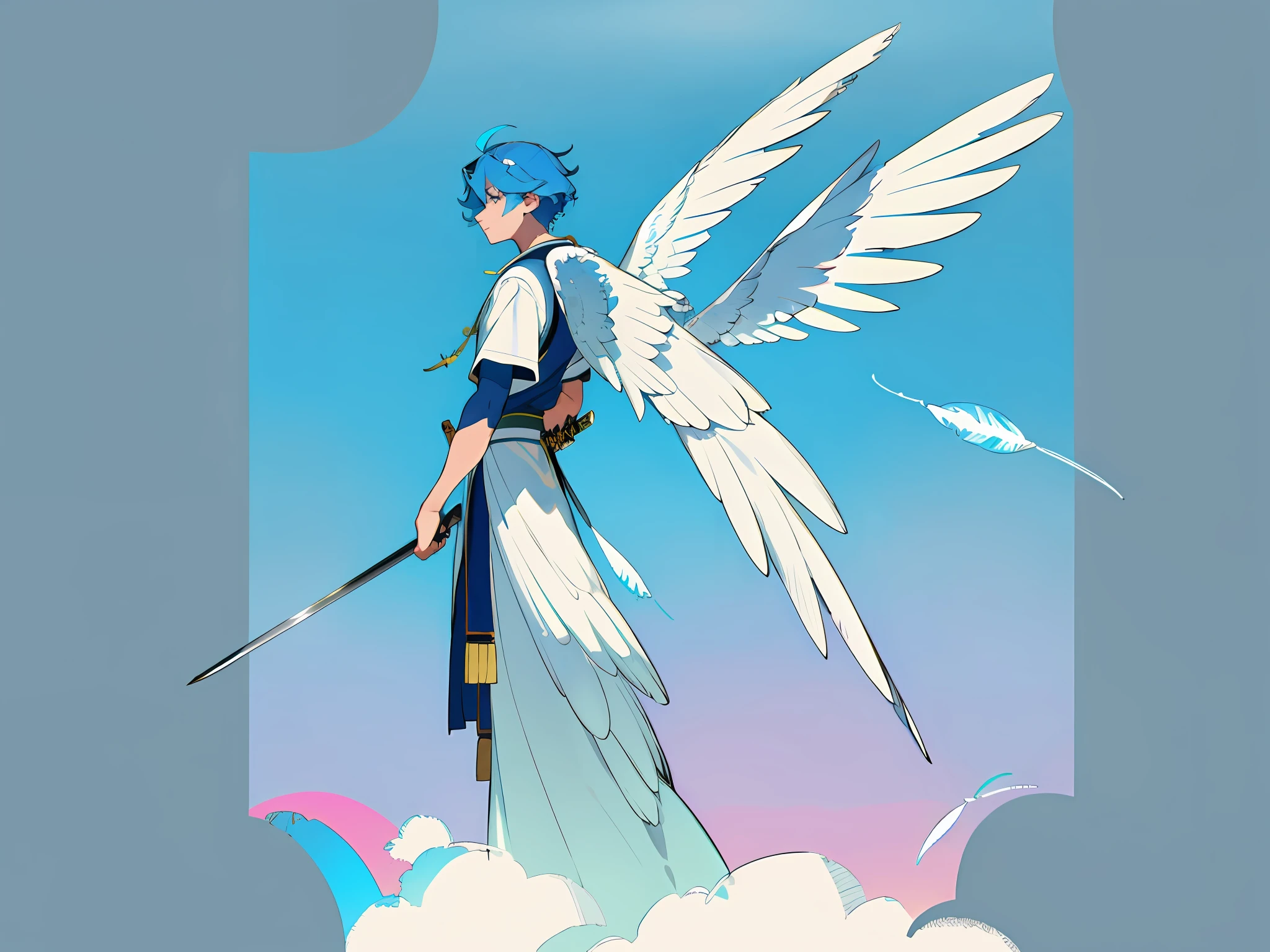 ((masterpiece)),(((best quality))),((character design sheet,same character,front,side,back)),illustration,1 boy, young man, differents poses, medium short hair, blue color palette, sky blue hair, hair on eyes, neon colors,beautiful eyes,environment Scene change, pose too, male angel, angelic, ángel wings, feather wings, feathers on the hair holds a magic katana, charturnbetalora, (simple background, white background: 1.3), 8k,16k