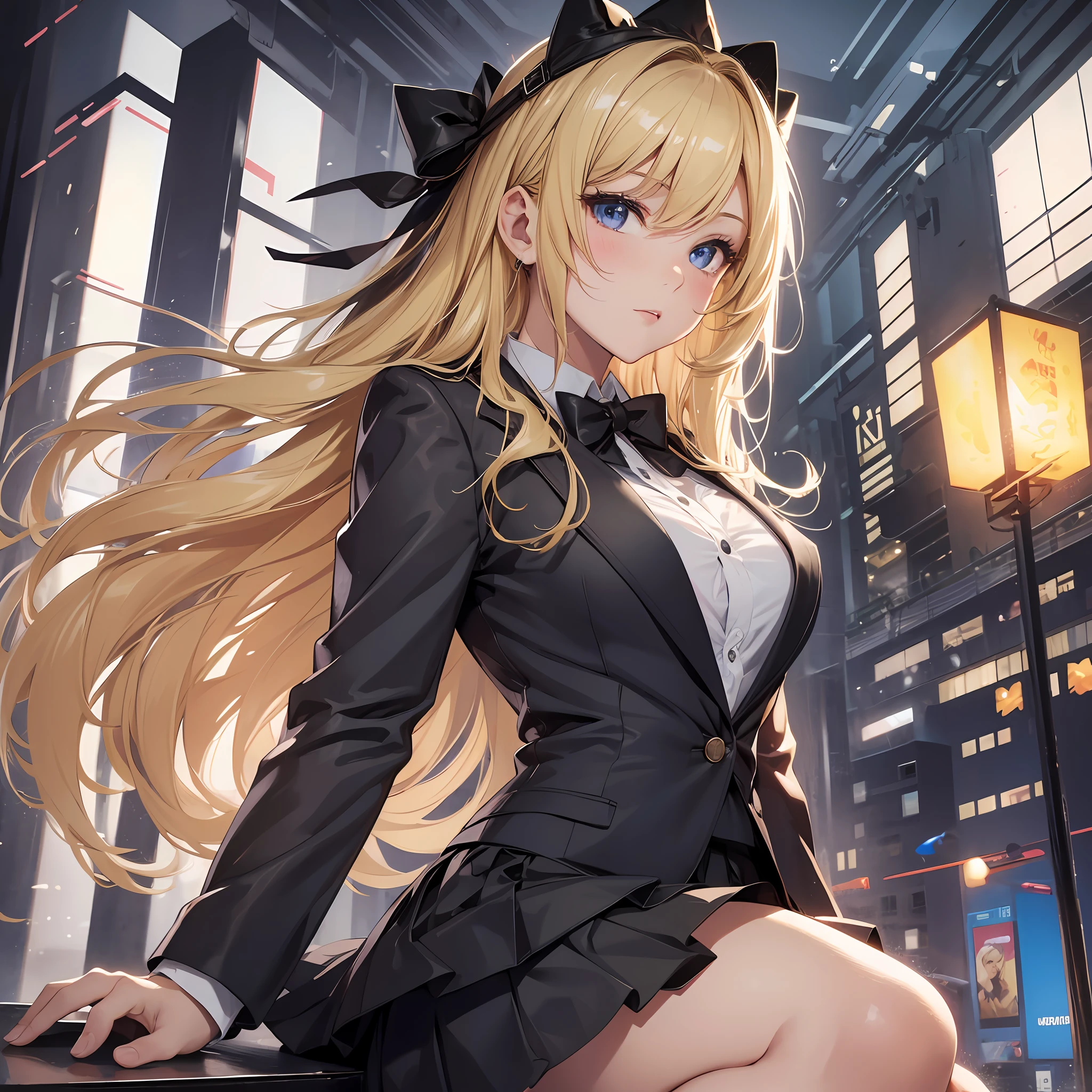 best quality, masterpiece, 1girl, beautiful face, (blonde), (photo photo-realistic:1.3), edge lighting, (high detail skin: 1.2), 8k ultra hd, DSLR, high quality, high resolution, 4k, 8k, bokeh, absurd, best ratio four fingers and one thumb, (realistic: 1.3), urzan, cute kawaii 1girl, wearing black formal blazer, medium breasts, short skirt, anime --auto --s2