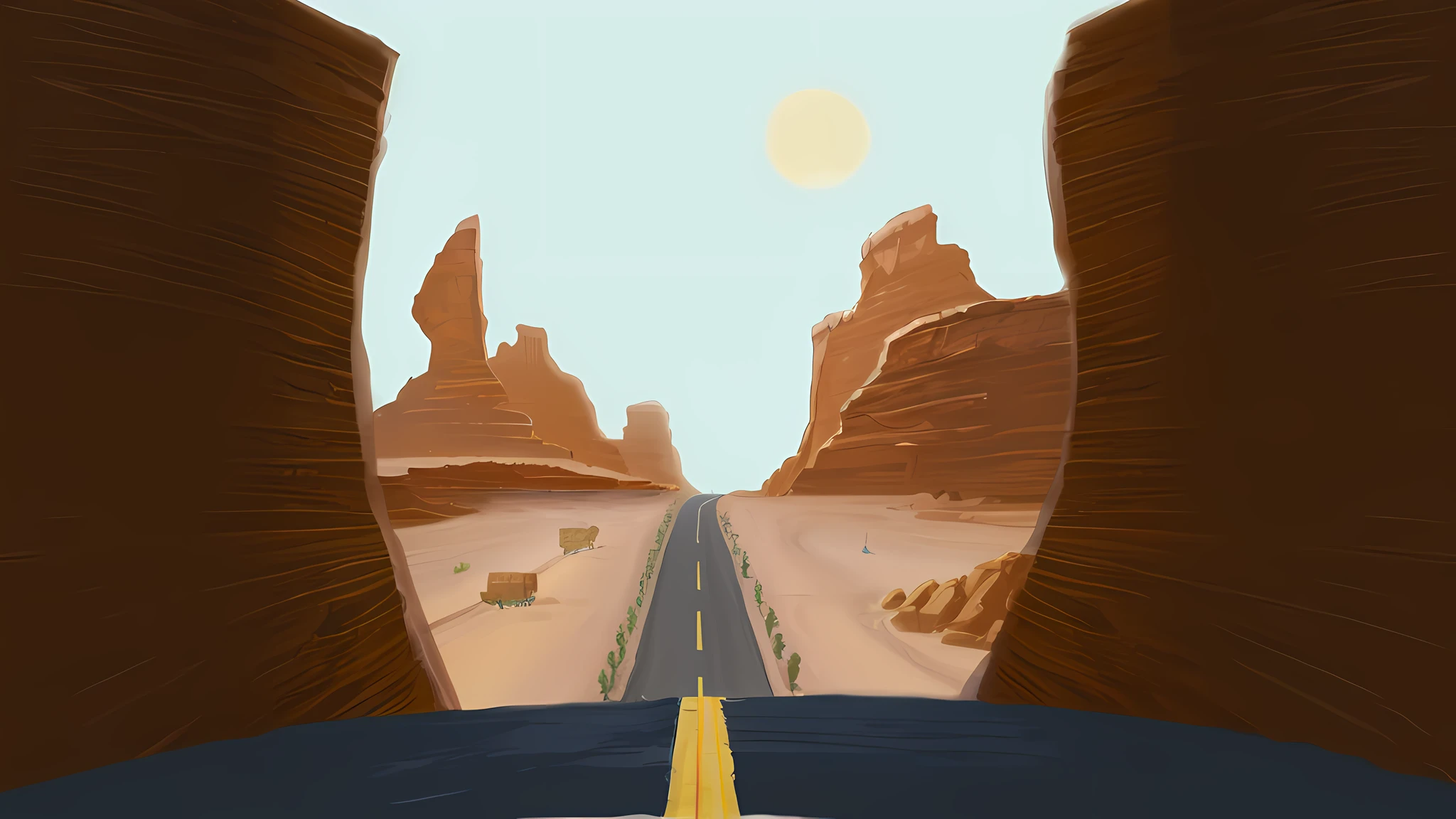 there is a picture of a road going through a canyon, desert highway, artwork about a road to freedom, canyon background, traveling through the mountains, stylized digital illustration, style of monument valley, on a desert road, background artwork, background art, wandering the desert landscape, 2d illustration, 2 d illustration, road, road trip, flat desert, matte digital illustration